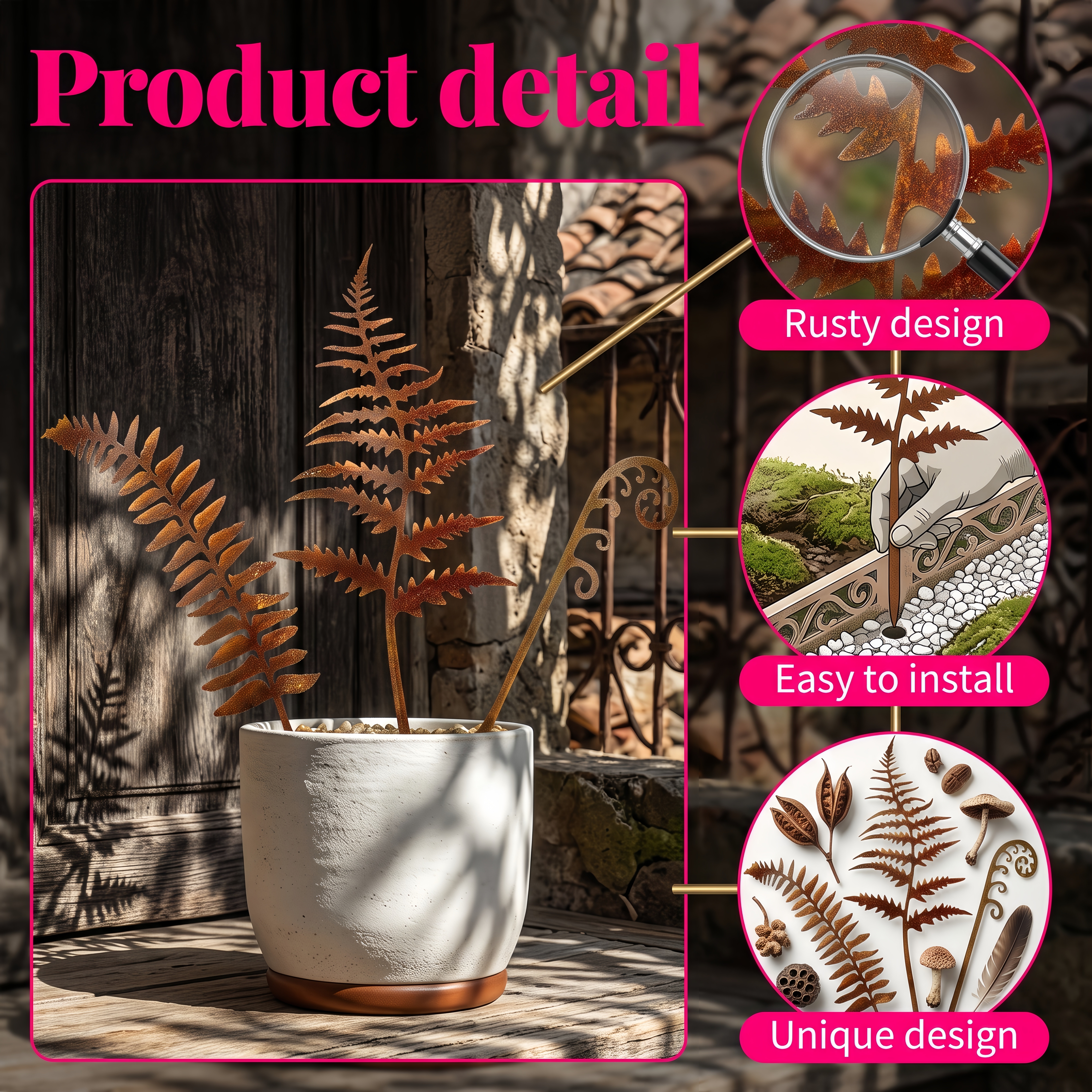 Metal fern stakes displayed beside a yard walkway