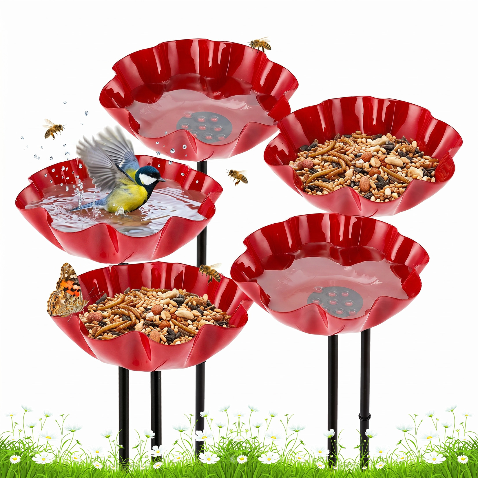 Garvee red poppy flower metal bird bath with ground stake