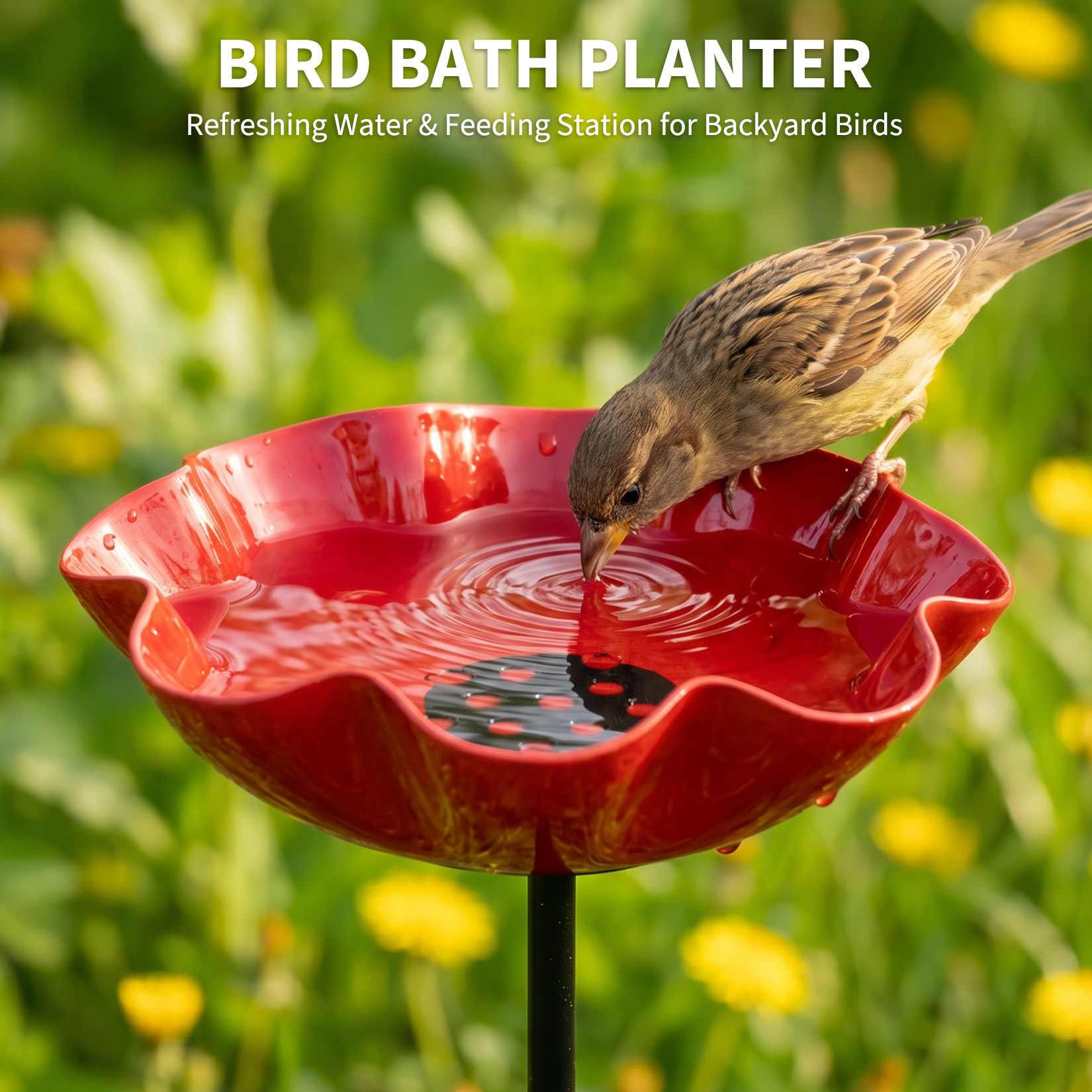 Wide open bird bath bowl for water and birdseed
