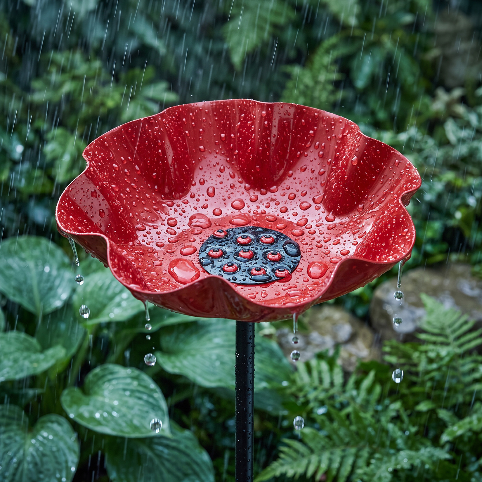 Handcrafted weather-resistant metal poppy bird bath