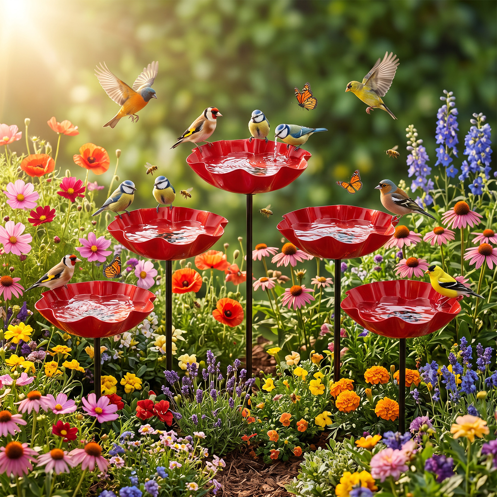 Red poppy flower bird bath garden decoration