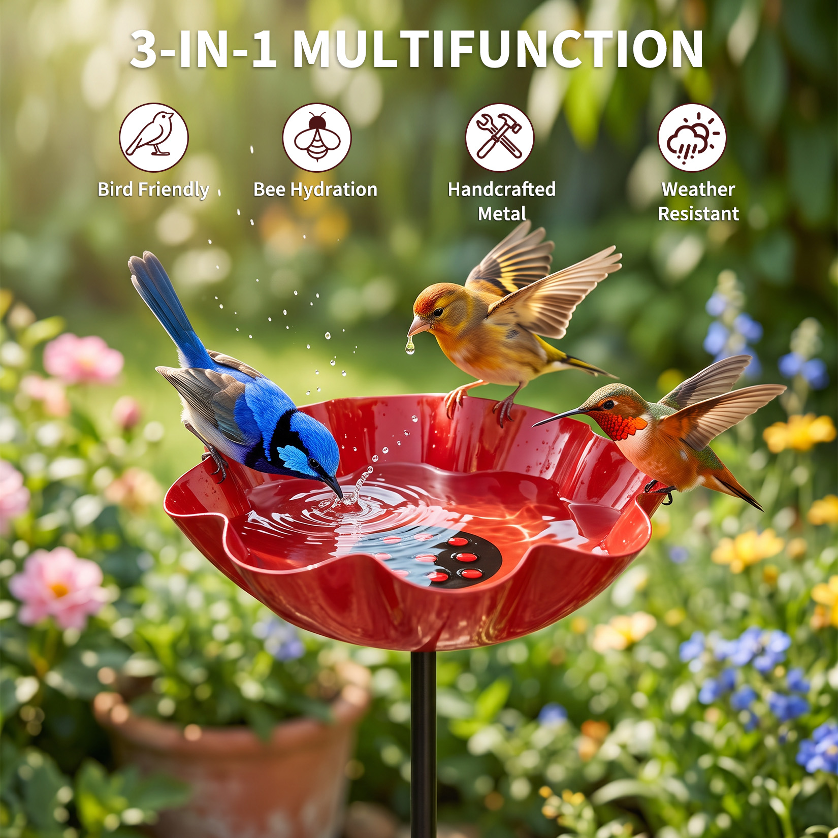 Garden bird bath and pollinator water station