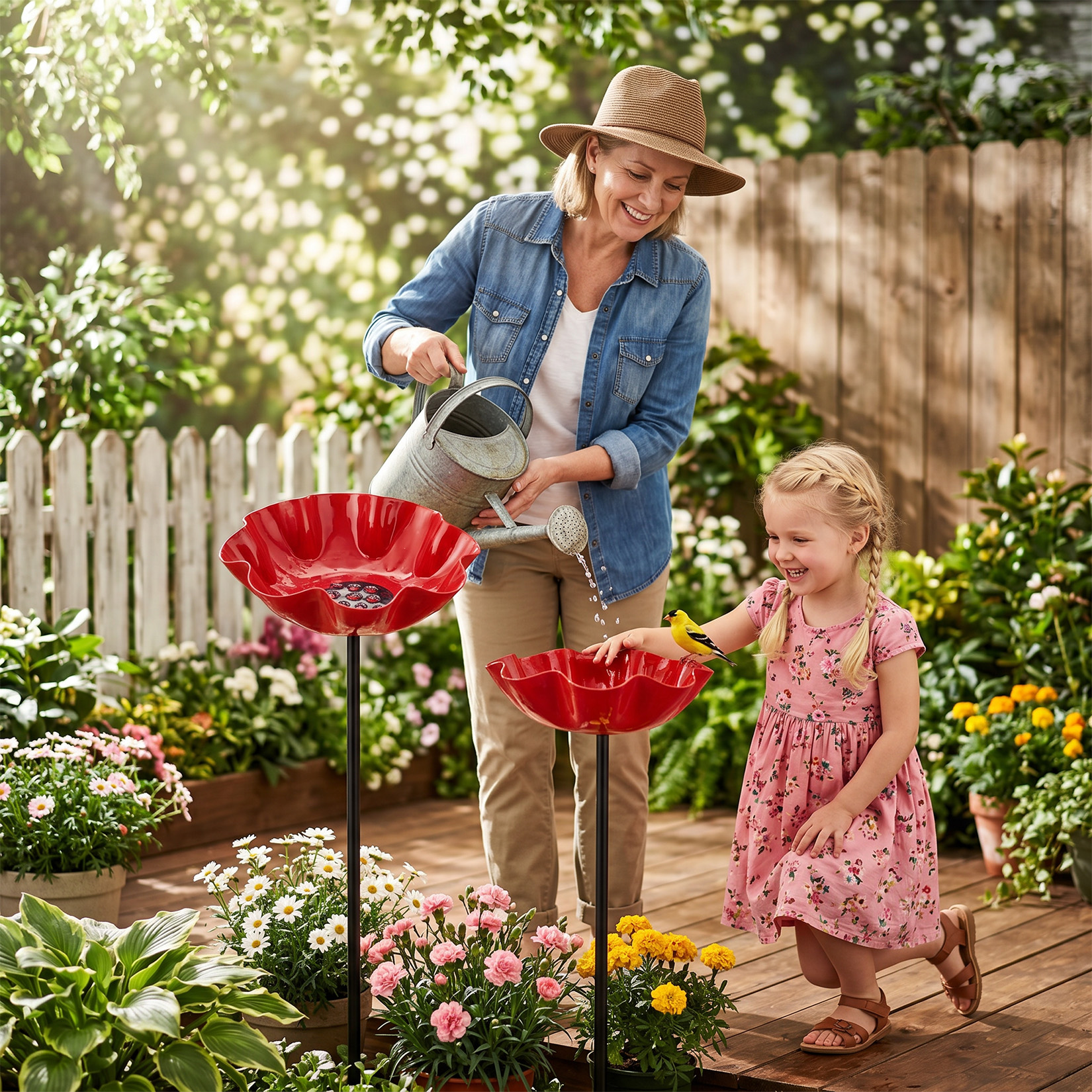 Metal bird bath with easy-install ground stake
