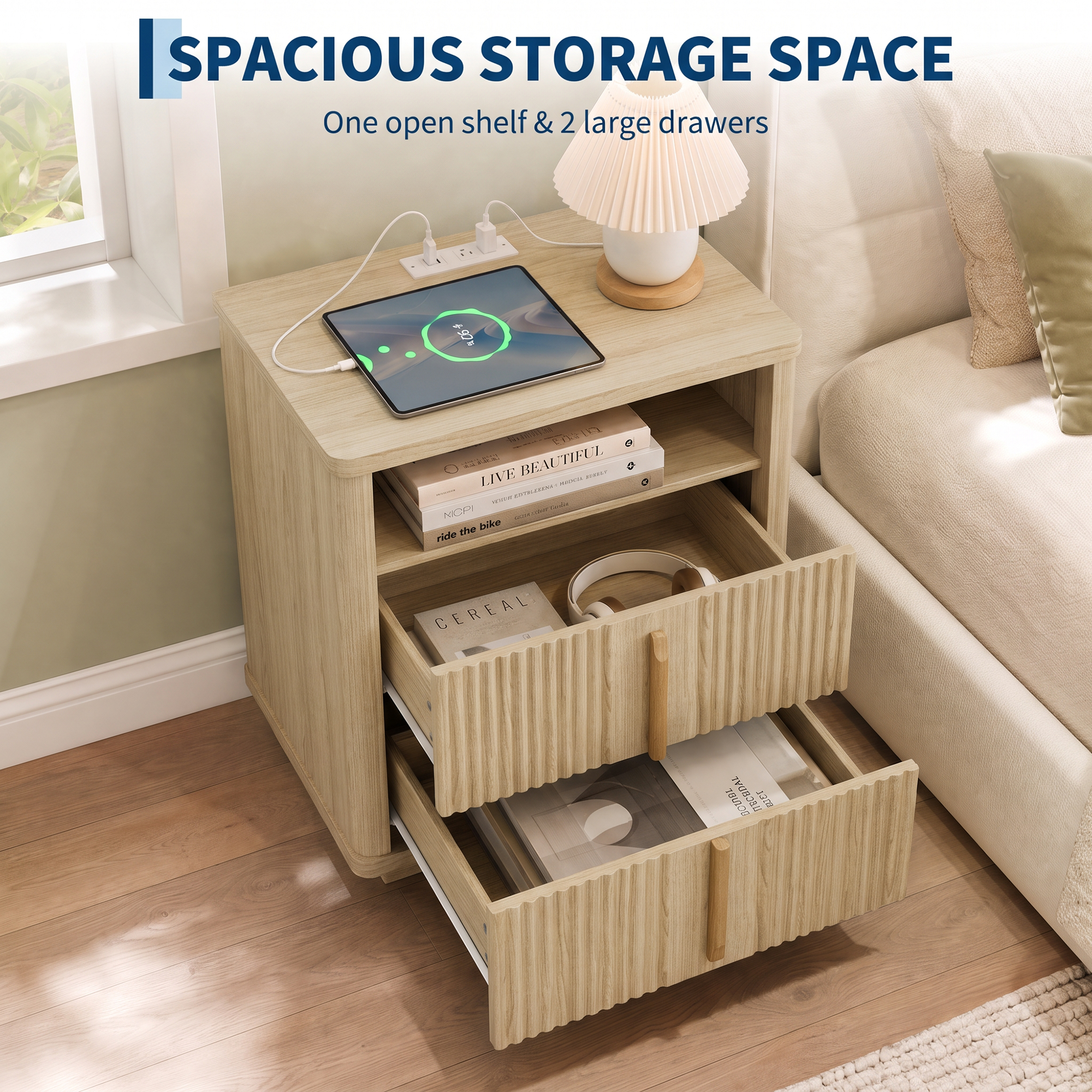 Fluted Nightstand Charging Station 2 Drawers & Open Shelf Bedroom/Living Room - Produktbild 7