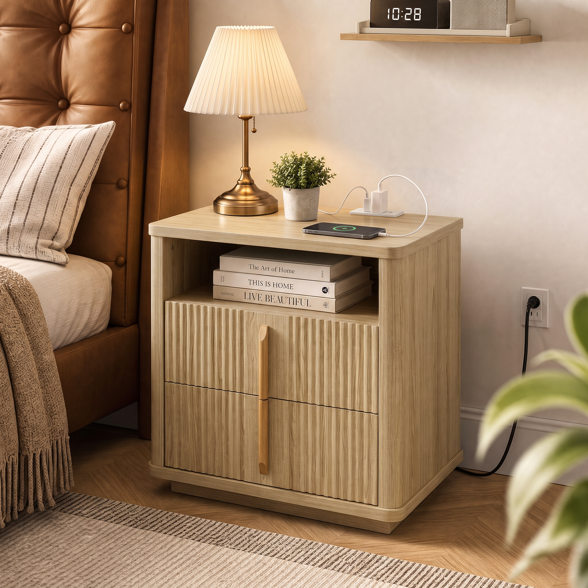 Fluted Nightstand Charging Station 2 Drawers & Open Shelf Bedroom/Living Room