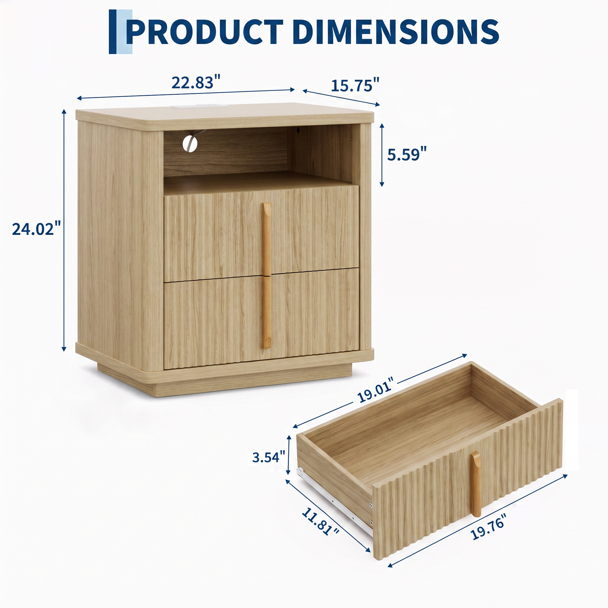 Fluted Nightstand Charging Station 2 Drawers & Open Shelf Bedroom/Living Room - Produktbild 1