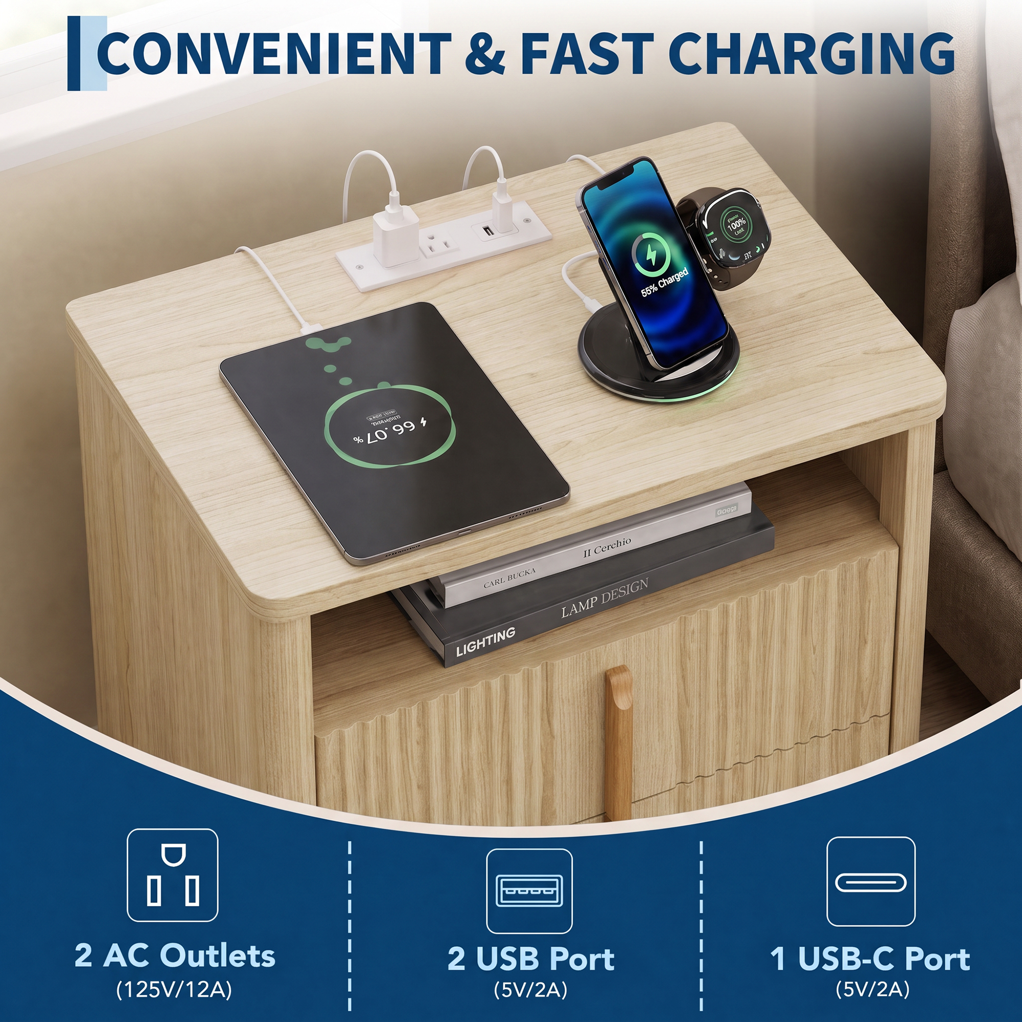 Fluted Nightstand Charging Station 2 Drawers & Open Shelf Bedroom/Living Room - Produktbild 5