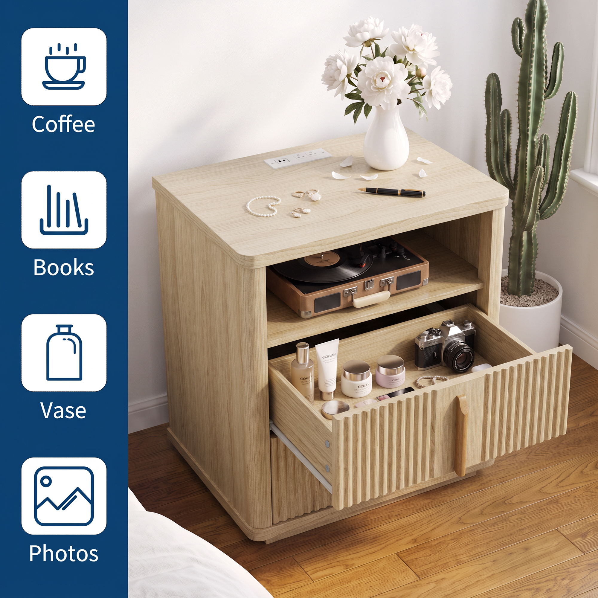 Fluted Nightstand Charging Station 2 Drawers & Open Shelf Bedroom/Living Room - Produktbild 3