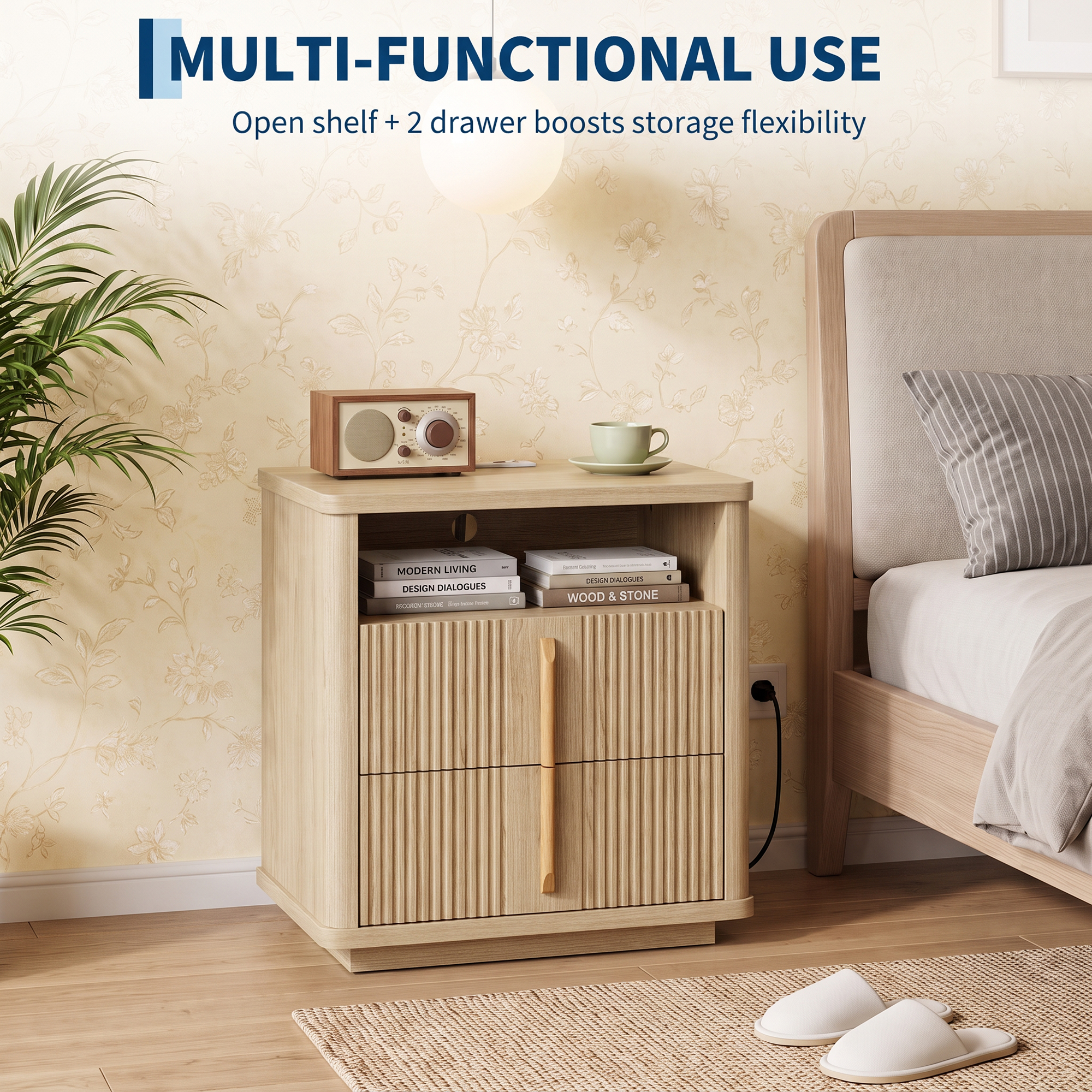 Fluted Nightstand Charging Station 2 Drawers & Open Shelf Bedroom/Living Room - Produktbild 4