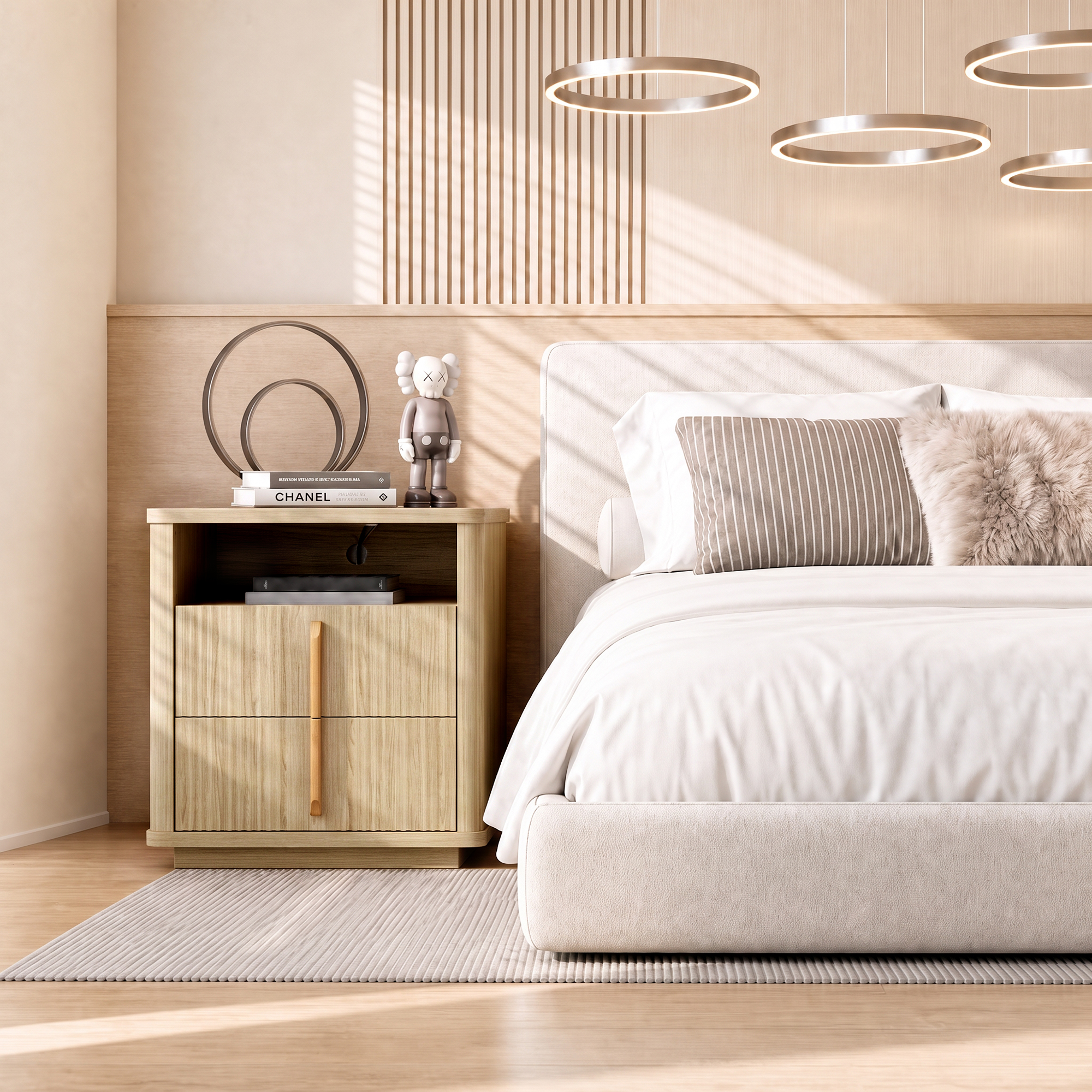 Fluted Nightstand Charging Station 2 Drawers & Open Shelf Bedroom/Living Room - Produktbild 2