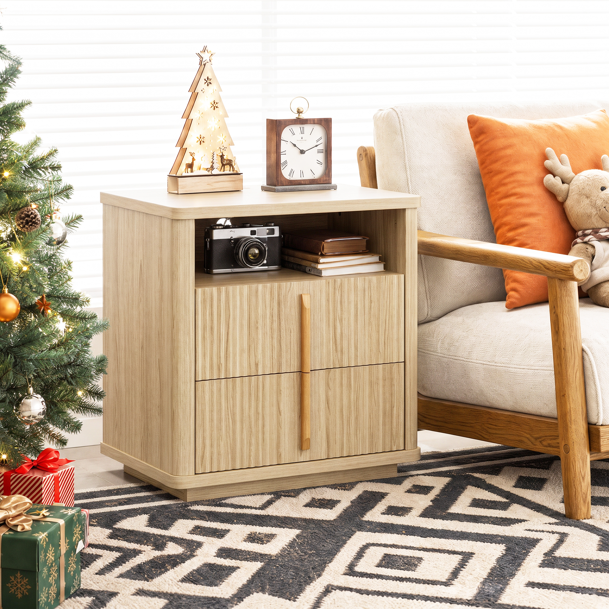 Fluted Nightstand Charging Station 2 Drawers & Open Shelf Bedroom/Living Room - Produktbild 6