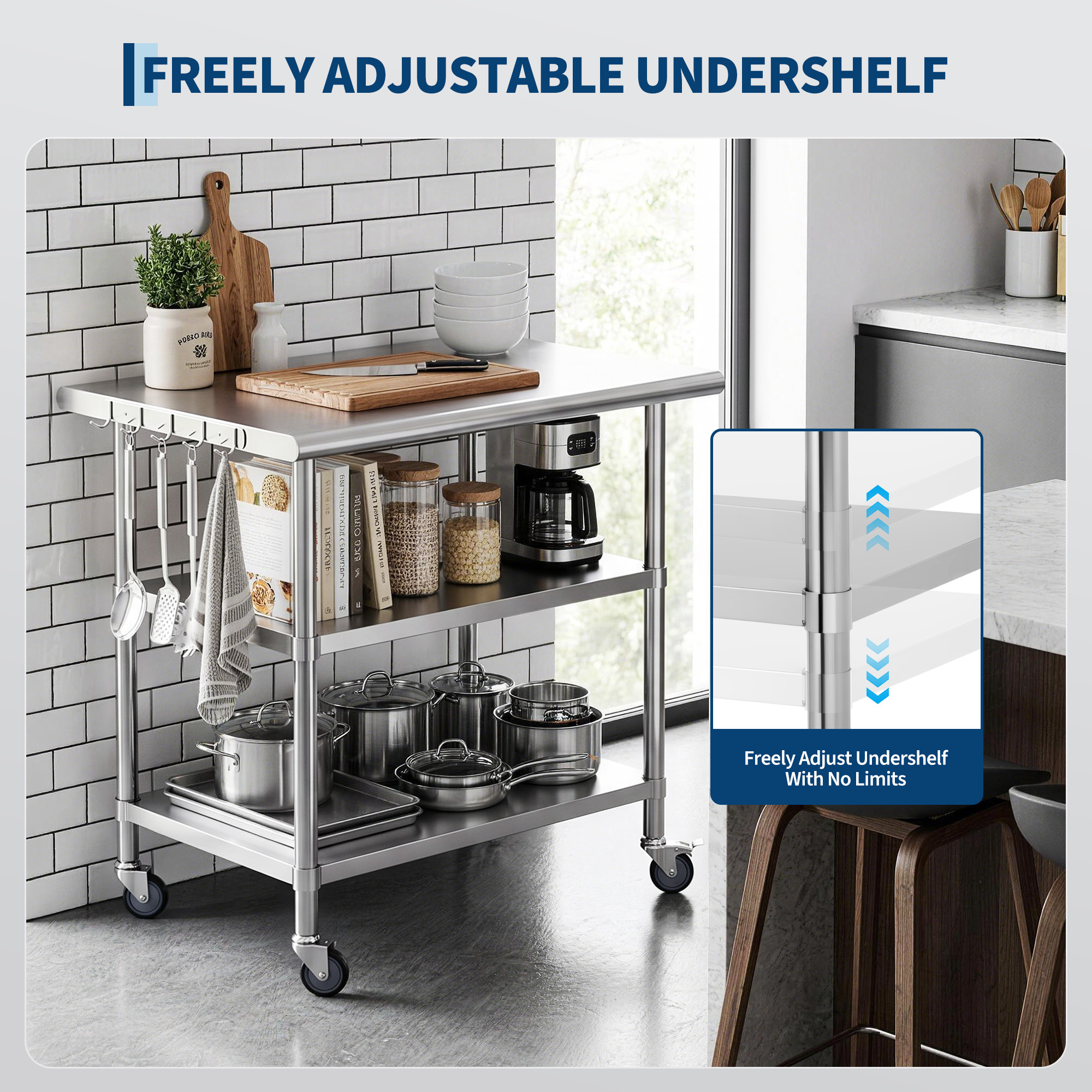 Adjustable two-tier shelf and detachable side hooks on the stainless steel work table