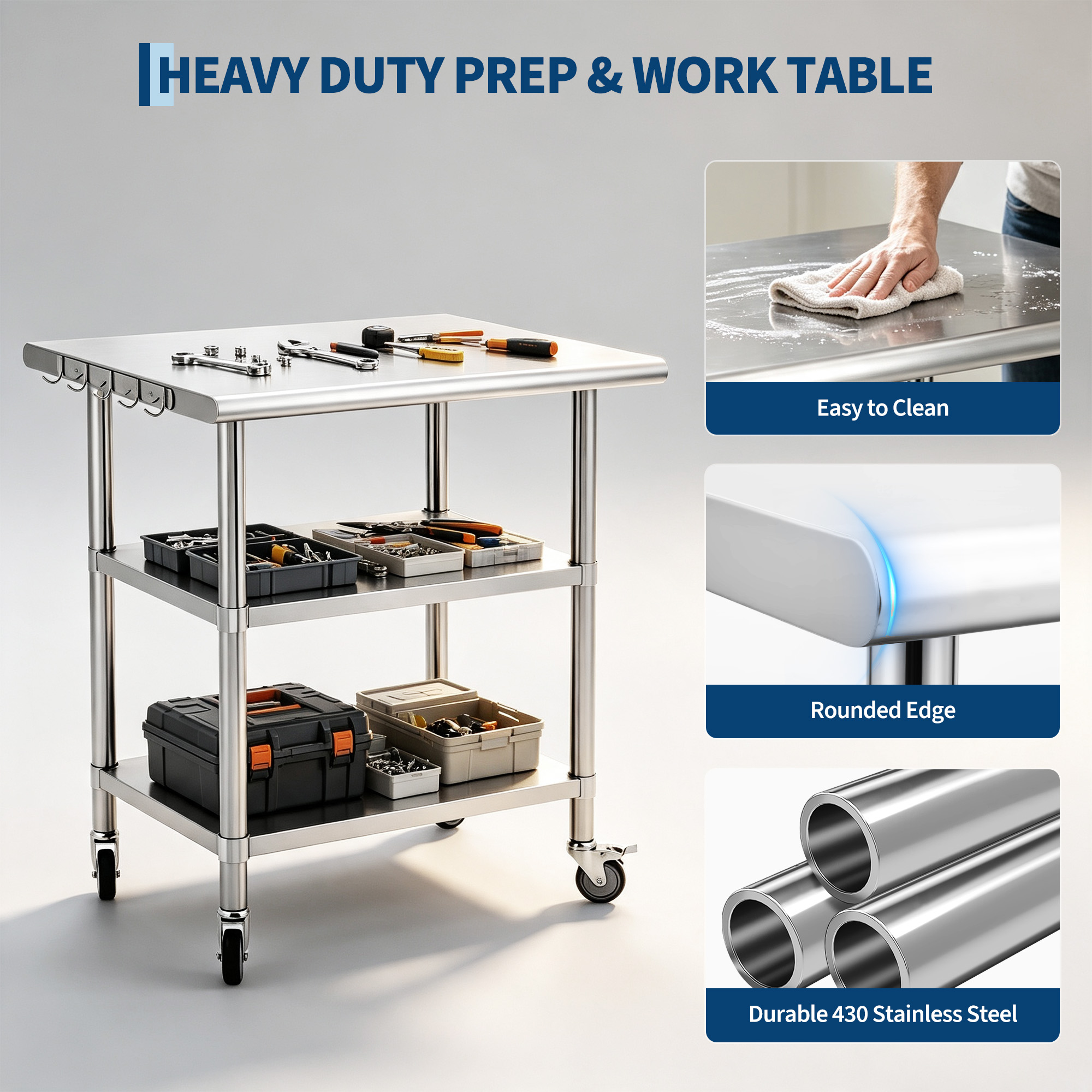 Easy assembly stainless steel rolling work table with tools and instructions