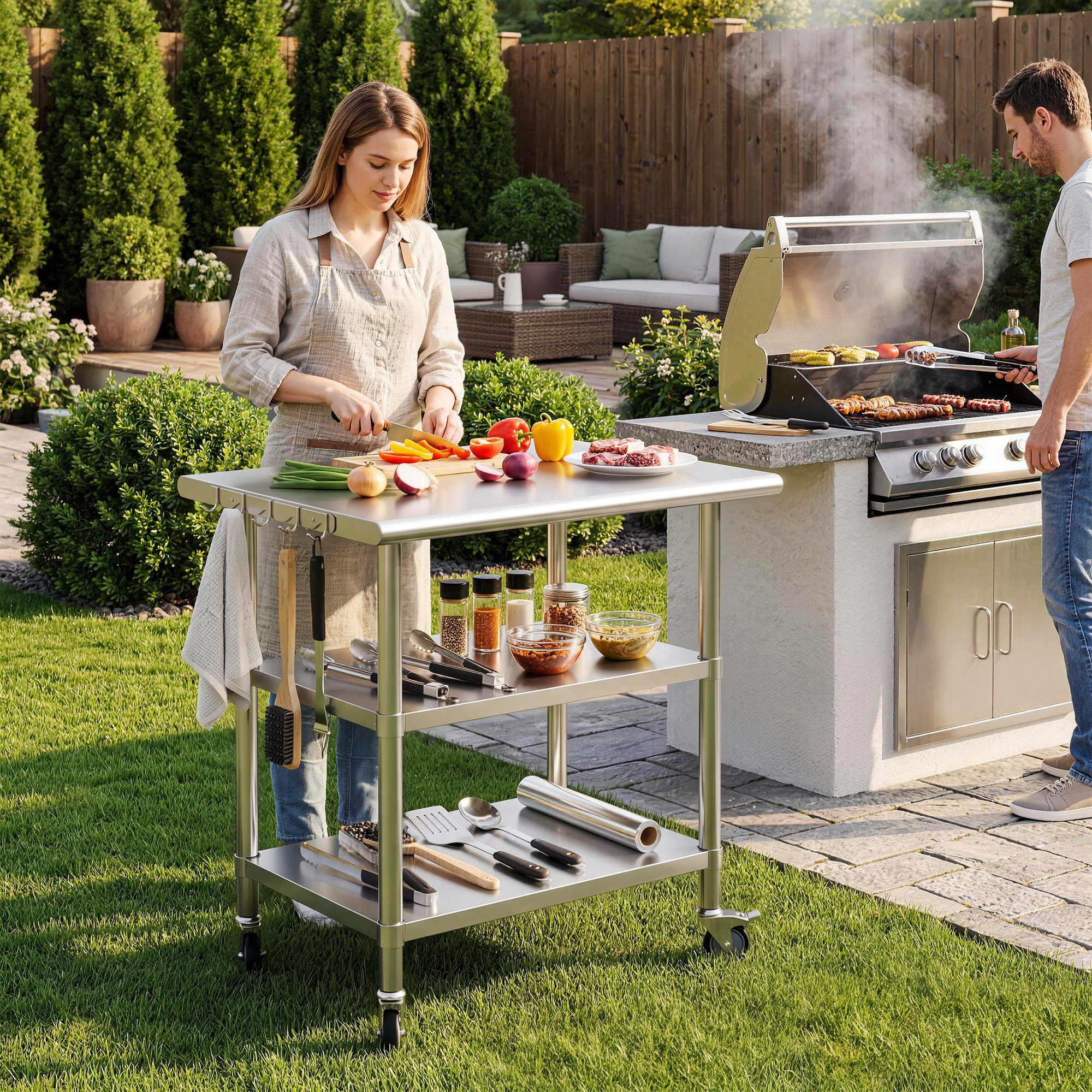 Rust-proof brushed stainless steel work tabletop with galvanized steel under shelf