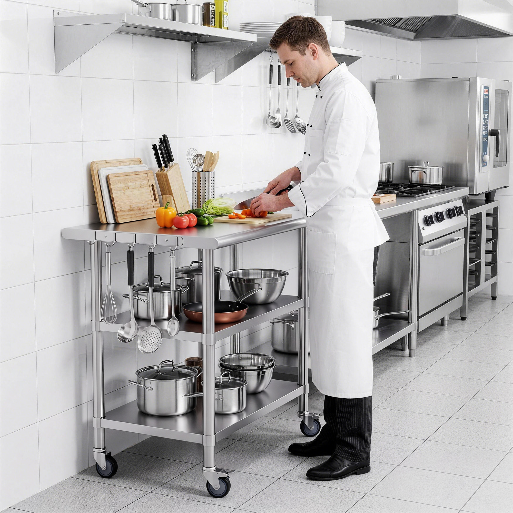 Four 360 degree silent swivel casters with two locking brakes on the mobile work table