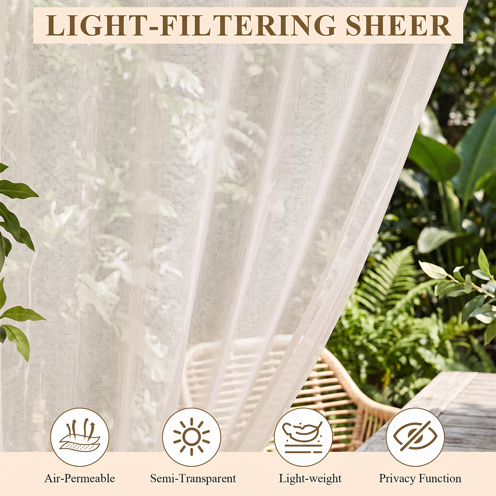 Beige semi-sheer curtains installed around an outdoor gazebo