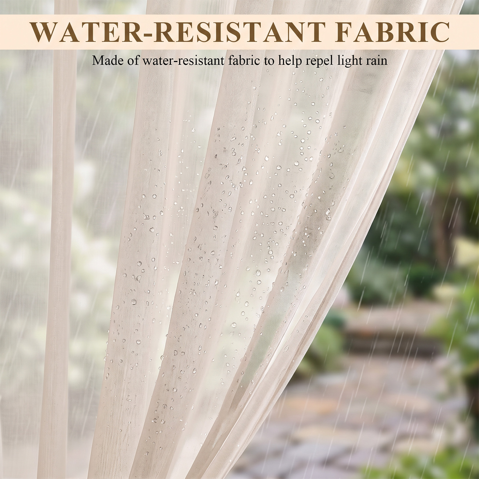 Hook-and-loop installation of beige outdoor patio curtains