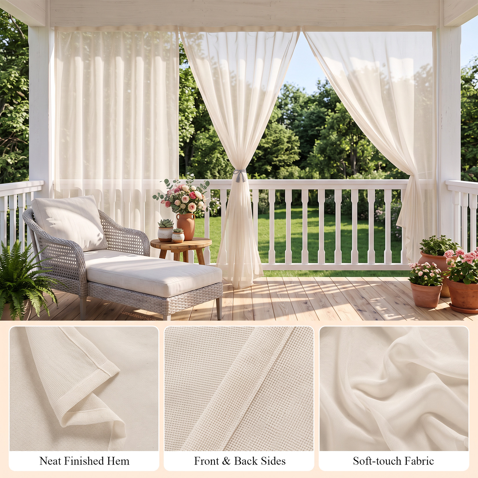 Light-filtering beige curtain panels for a covered balcony