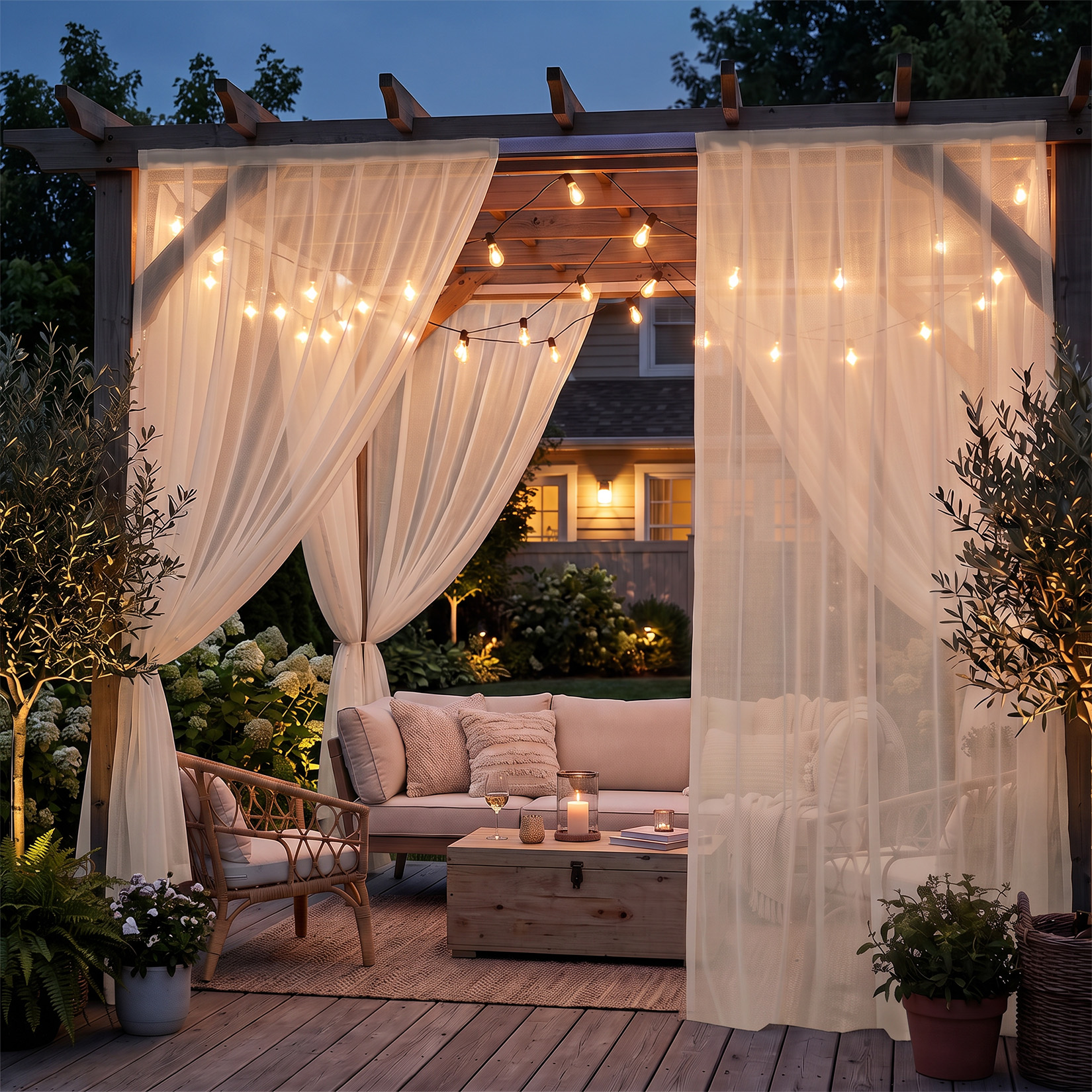 Complete set of eight 52 by 84 inch beige outdoor curtain panels