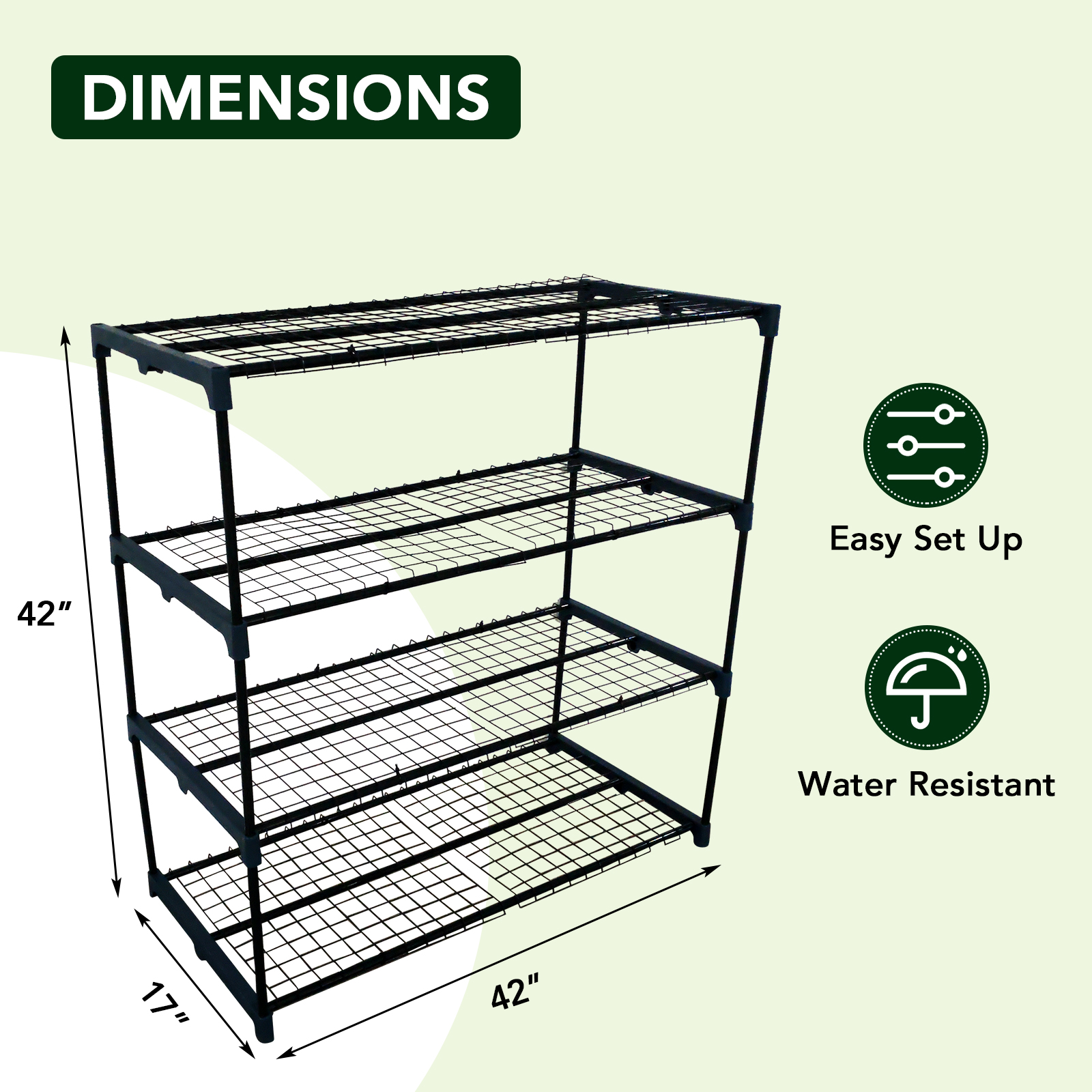 Dark green metal plant rack with side handles and assembly hardware