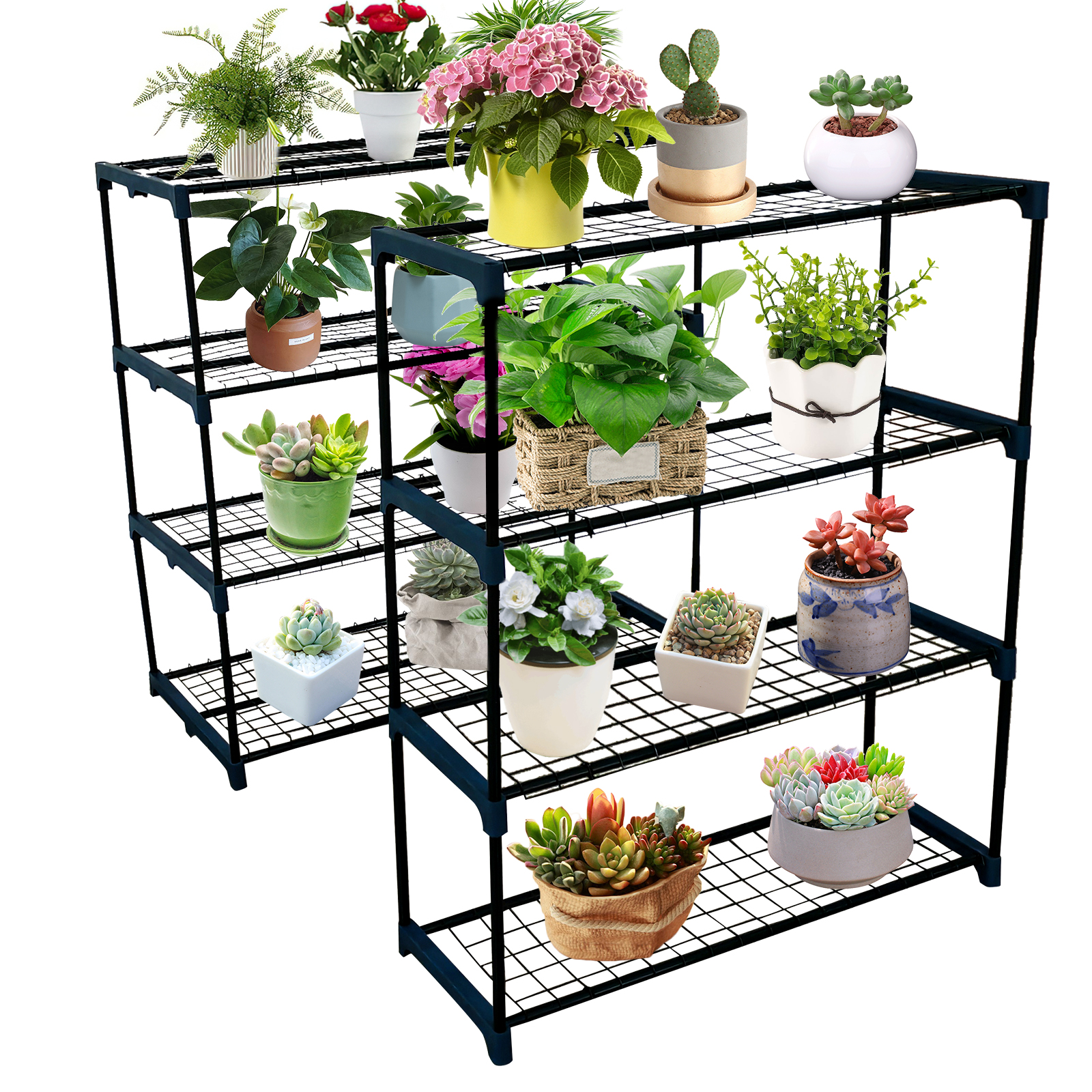 Garvee two-pack dark green four-tier metal plant stands