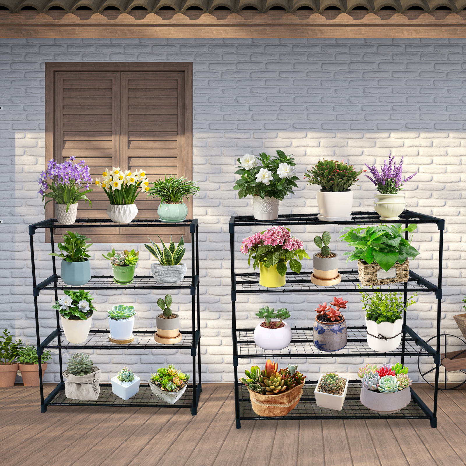 Four-tier vertical metal shelving for potted plants