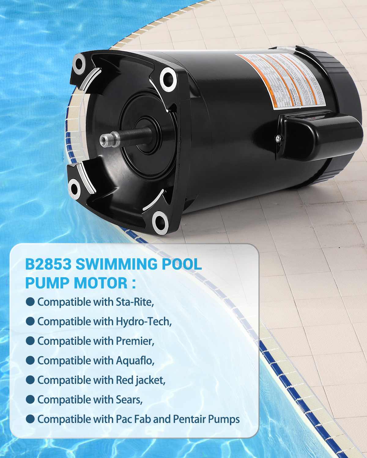 B2853 Motor 1HP Pool Pump Motor 115/230V 56Y Frame Threaded Shaft Replacement