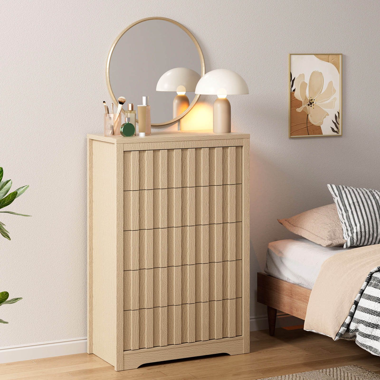 5 Drawer Fluted Dresser Handleless Tall Wood Chest Bedroom Natural Oak Storage