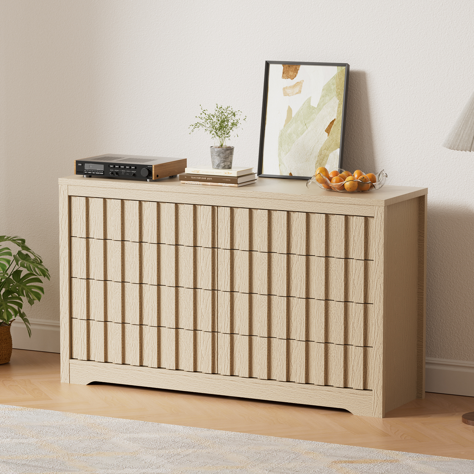 8 Drawer Fluted Dresser Handleless Wood Chest of Drawers Natural Oak Bedroom