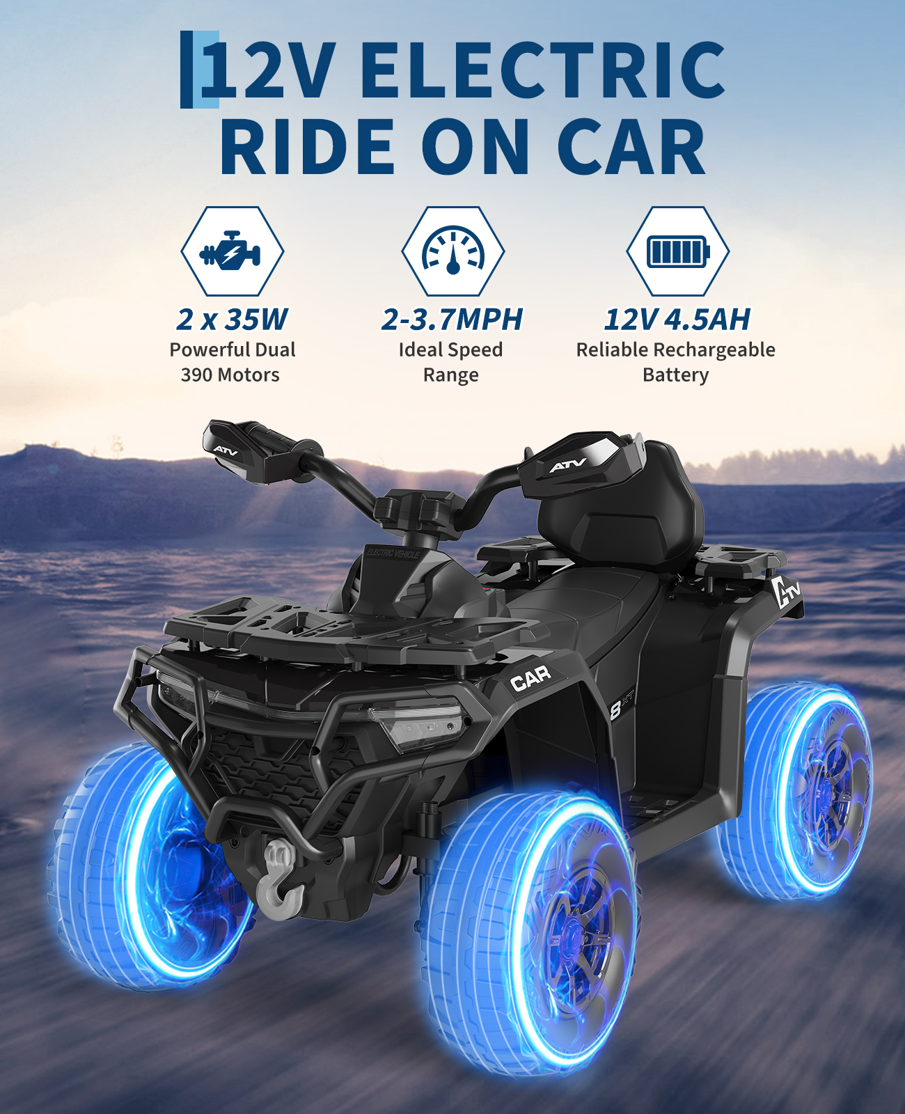 12V Kids ATV Ride On Remote Suspension Bluetooth LED USB Educational LED Flag