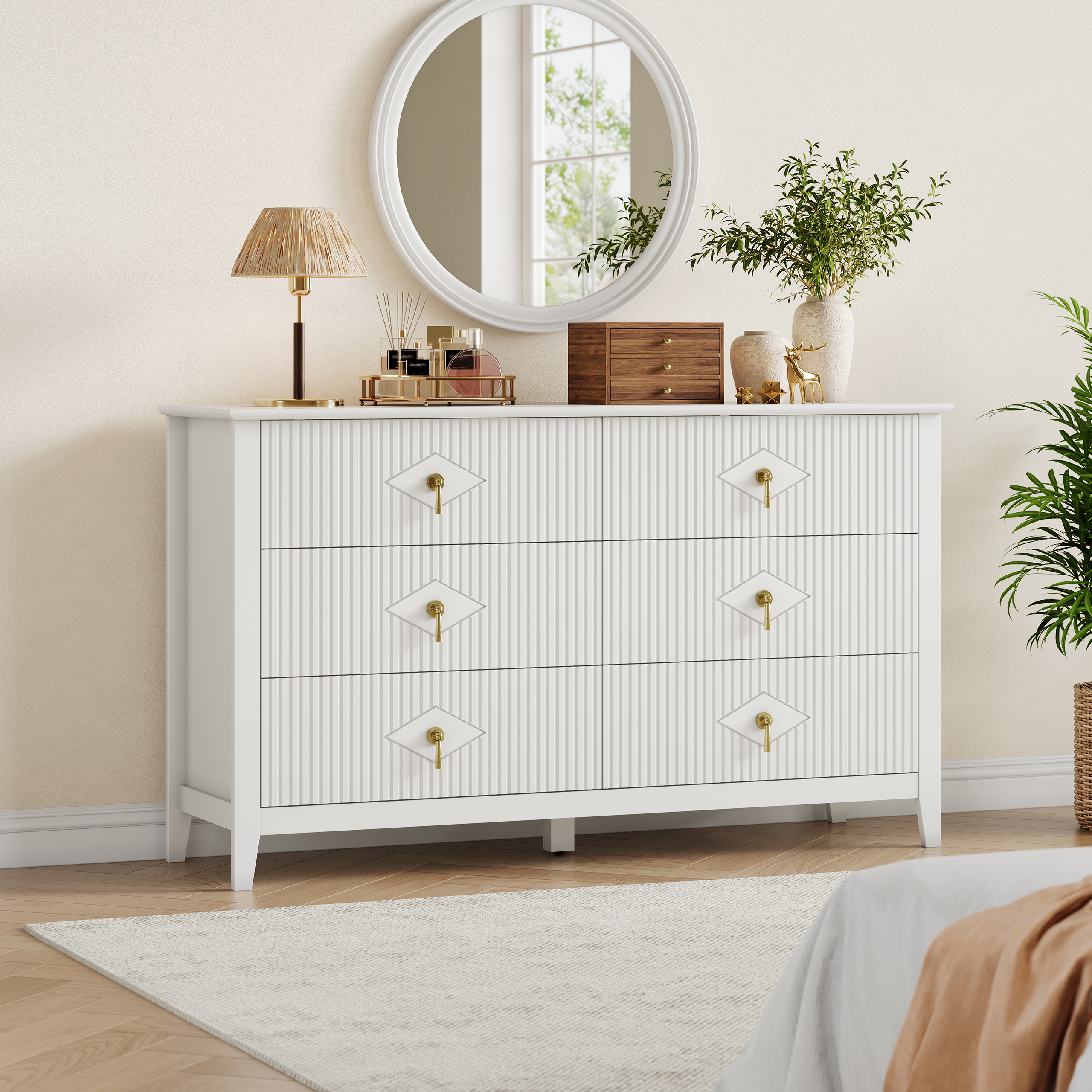 6-Drawer Fluted Dresser, Wide Wave Panel Storage Chest for Bedroom Living Room