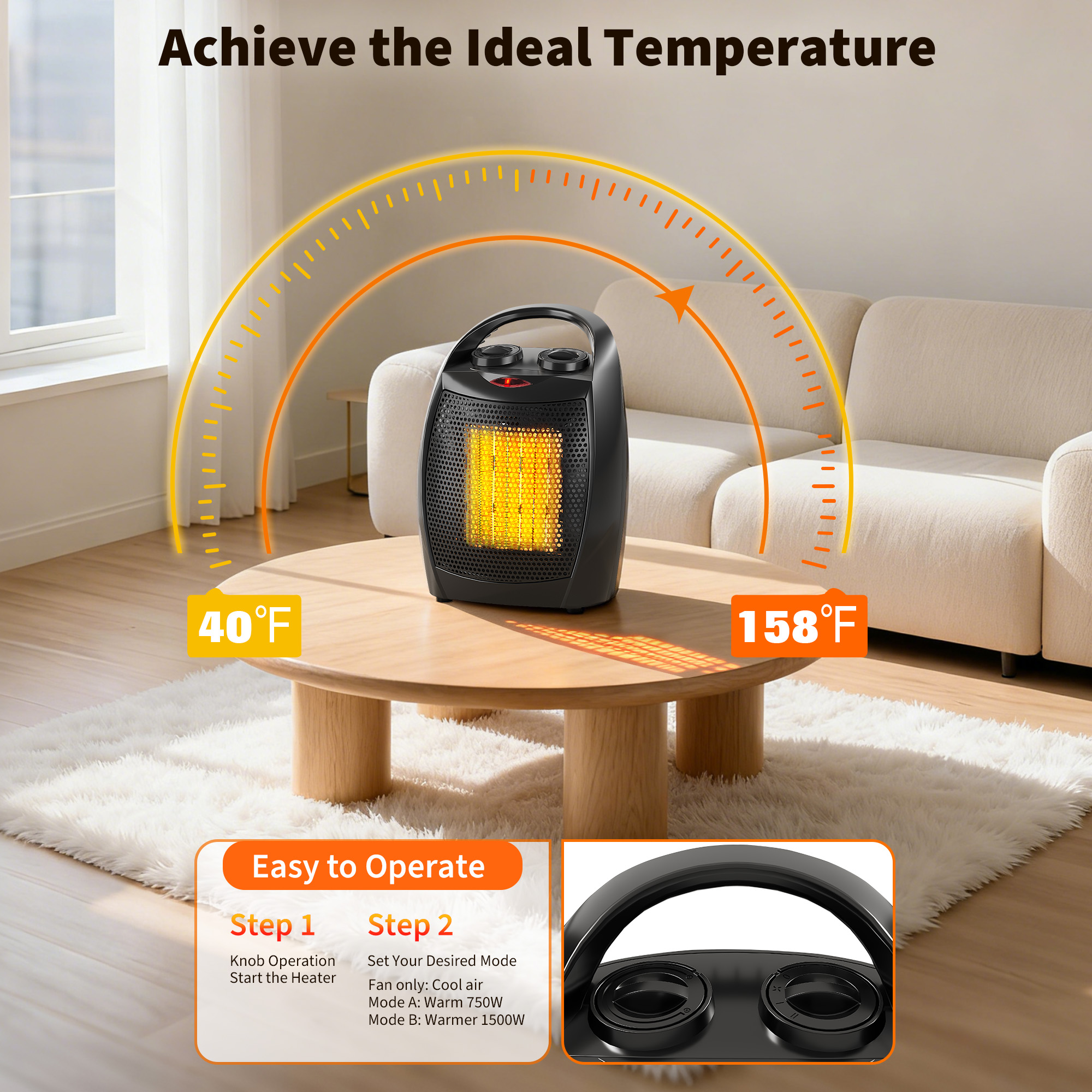 1500W/750W Ceramic Space Heater with Thermostat Fan Overheat Protection Office - Produktbild 6