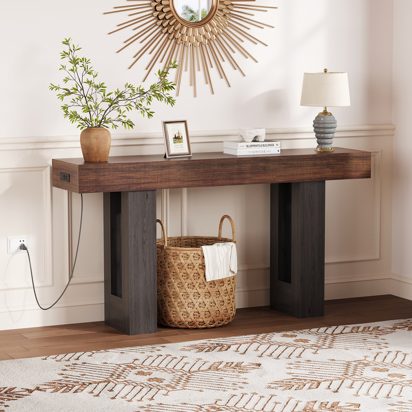 63 Inch Console Table with Outlets – Built-In Power Strip for Living Room Foyer