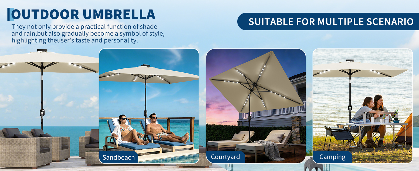Sombrilla de patio rectangular beige con luces LED solares