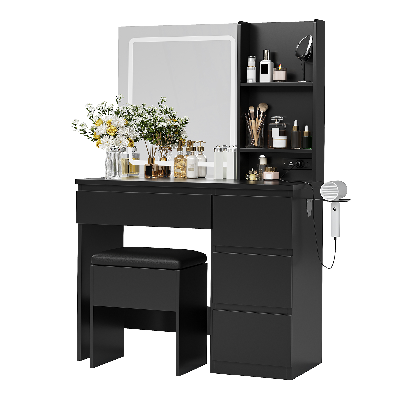 Makeup Vanity Desk with LED Mirror, 4 Drawers, Outlet, Stool, Shelves, Bedroom