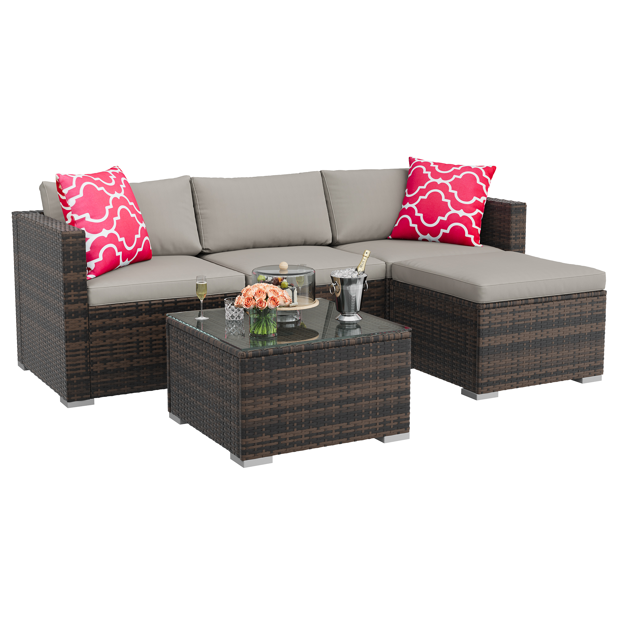 5 Piece Patio Furniture Set, Wicker Sectional Sofa with Cushions & Coffee Table