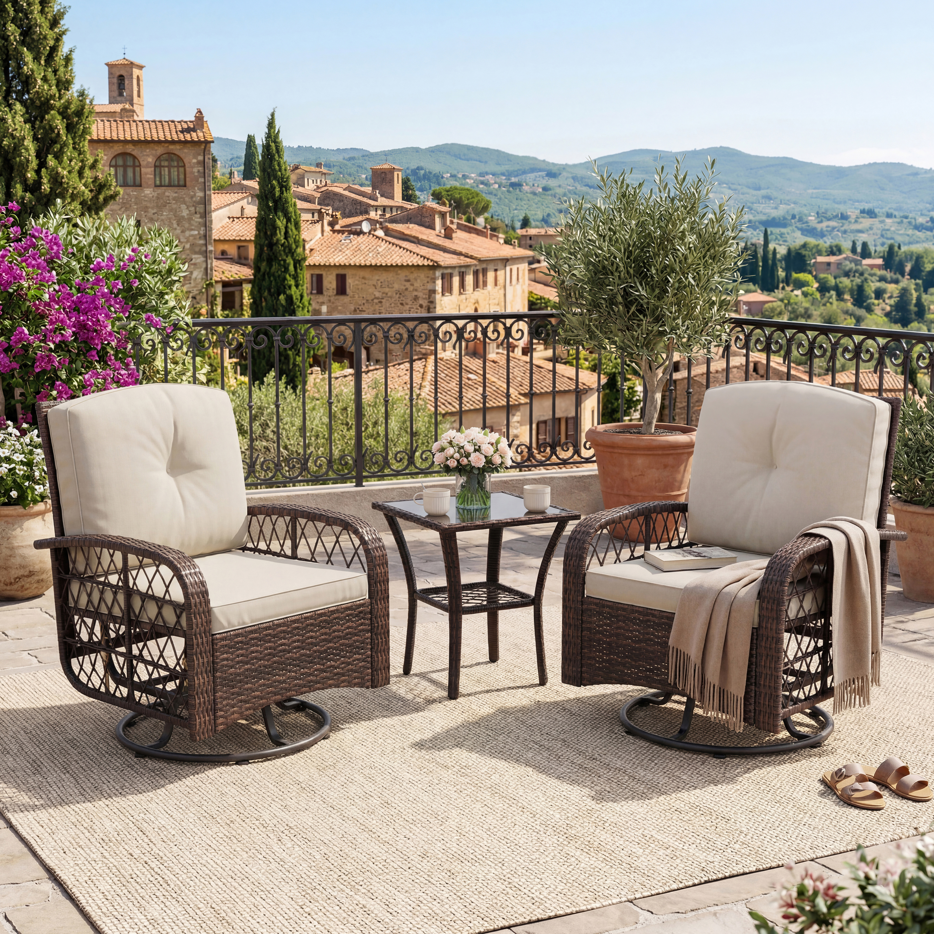 3PCS Outdoor Swivel Rocker Patio Chairs Set Furniture Sofa Rattan Wicker Chair