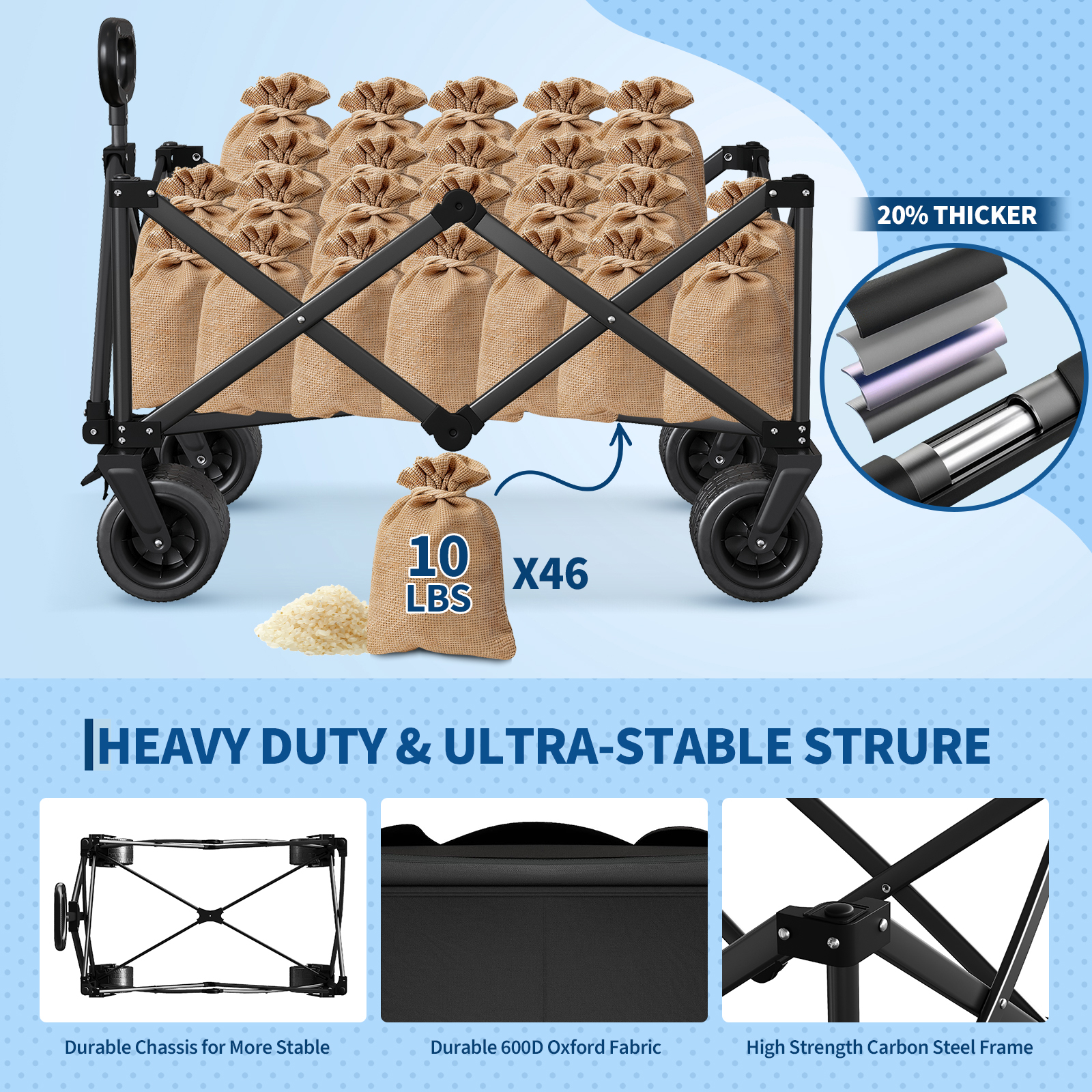 460LBS Heavy Duty Collapsible Wagon with All-Terrain Wheels 280L Foldable Cart