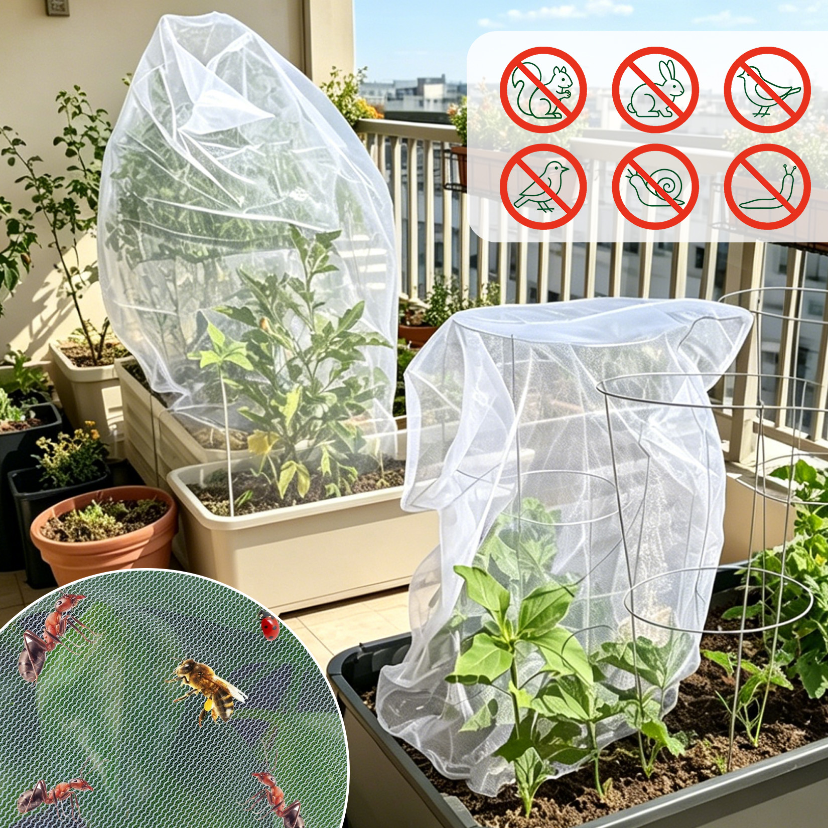 Fine mesh plant cover helps protect garden plants from birds and insects