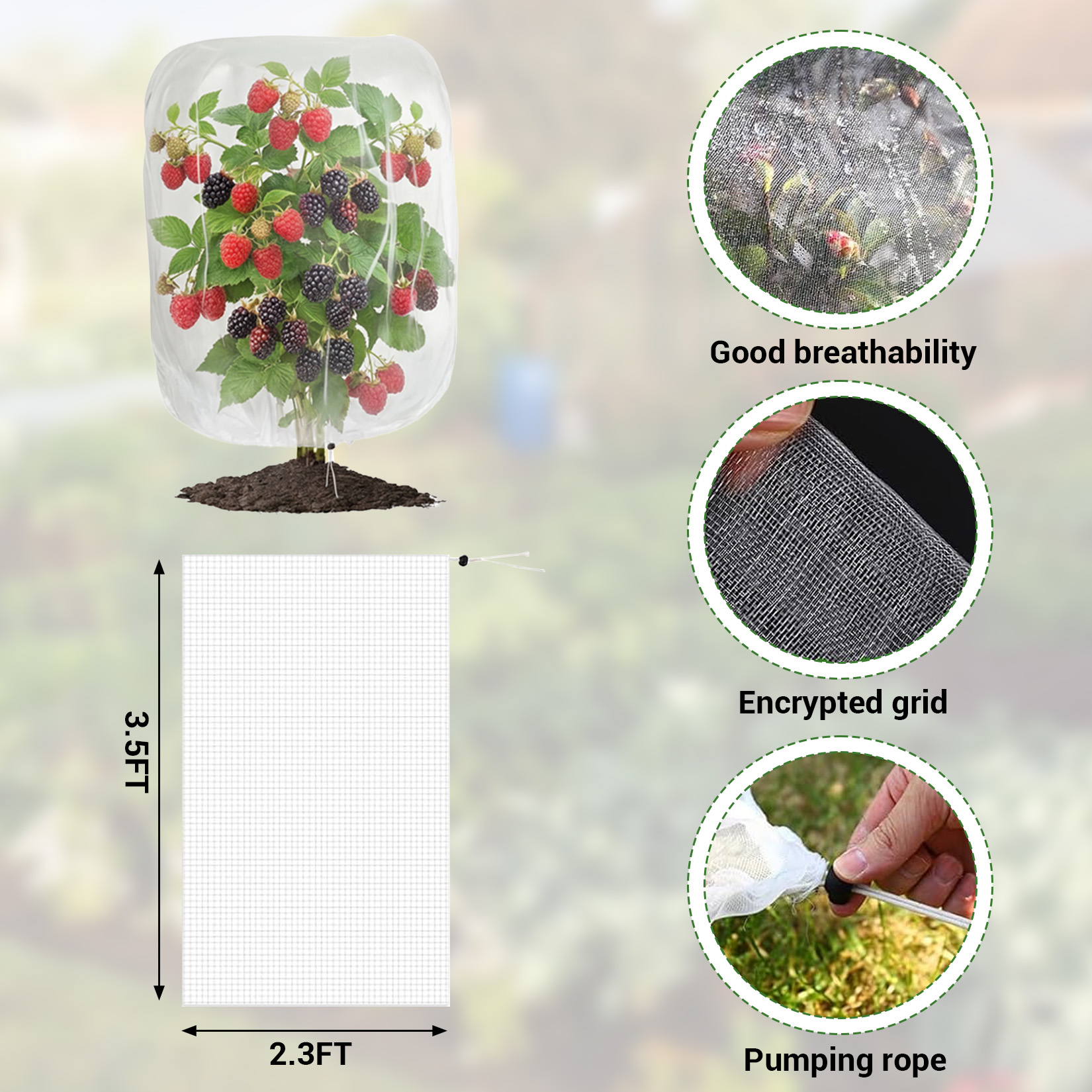 Adjustable drawstring closure on breathable plant protection cover
