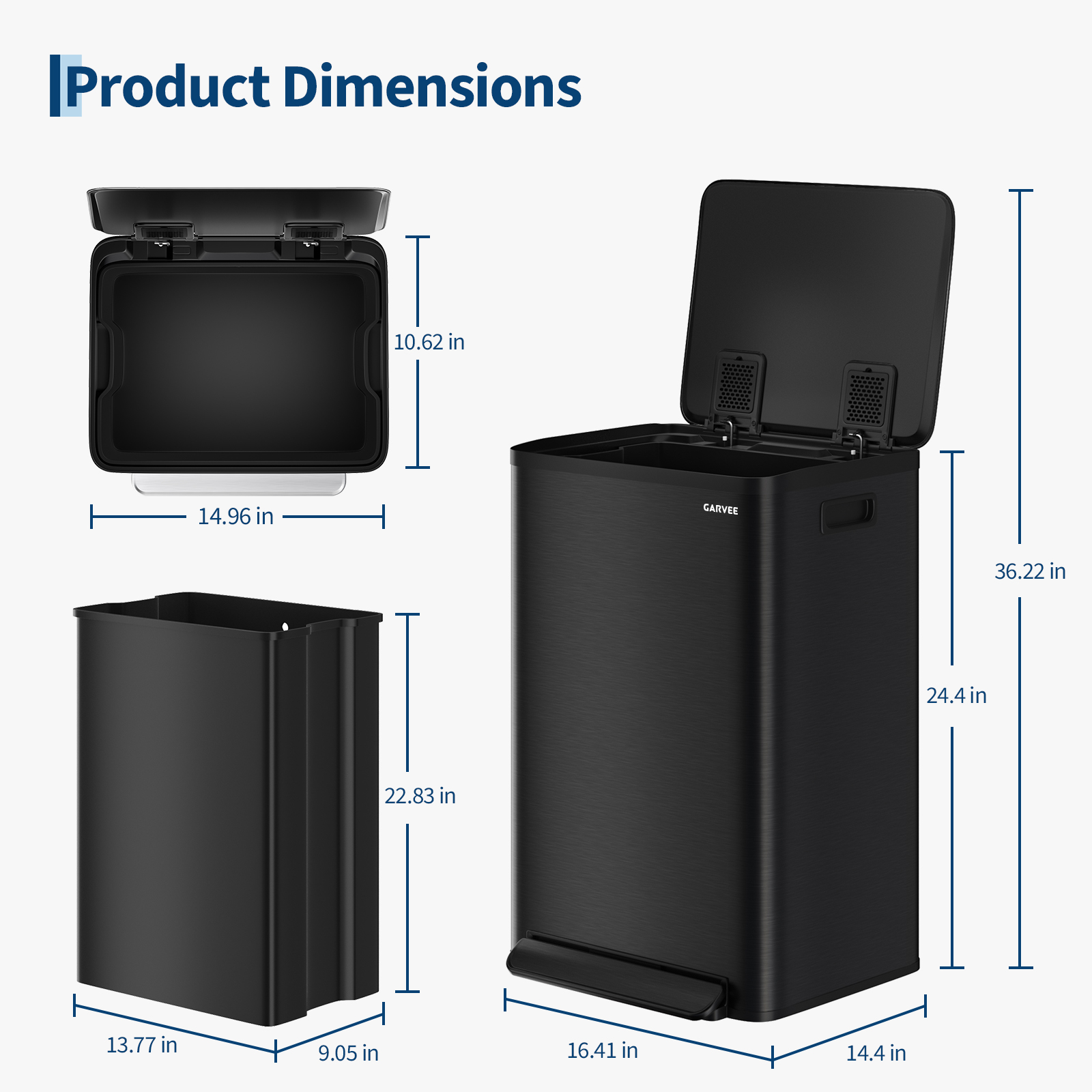 Dual Sorting Trash Can Detailed Dimension and Bin Capacity Chart