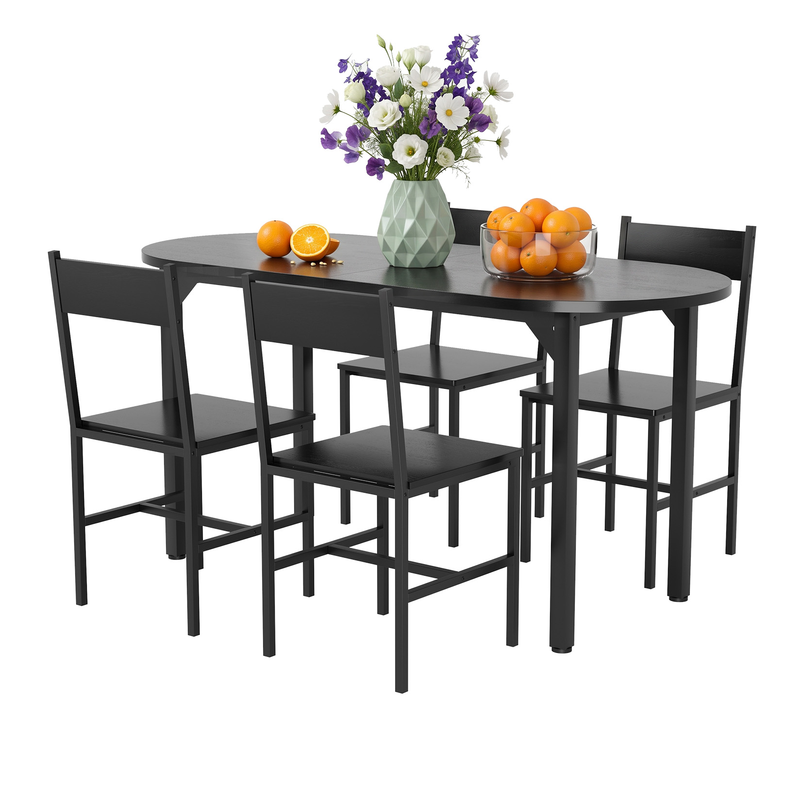 5-Piece Oval Dining Table Set Durable PB/MDF Table 4 Chairs with Steel Frame