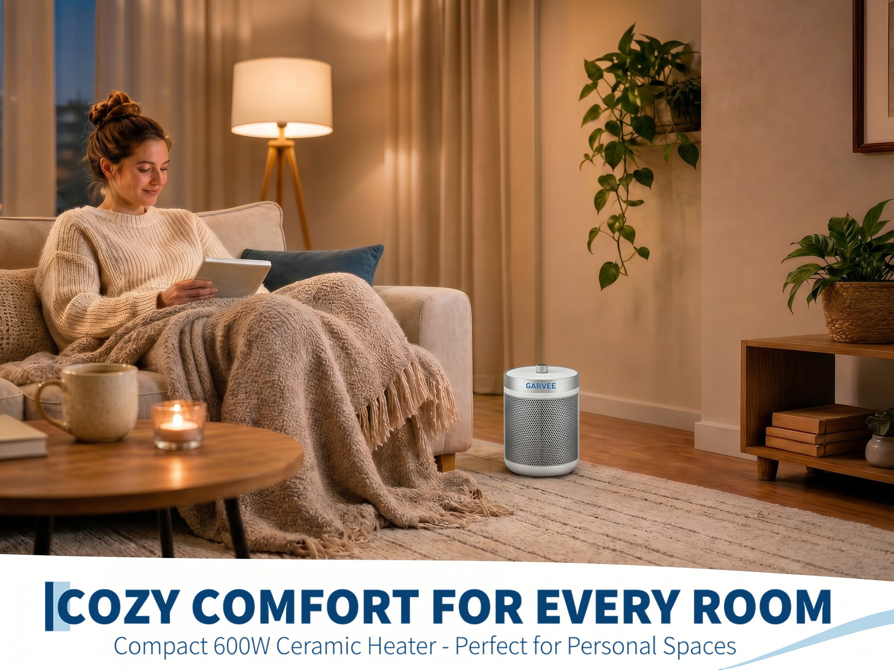 GARVEE white ceramic tower heater with adjustable temperature control
