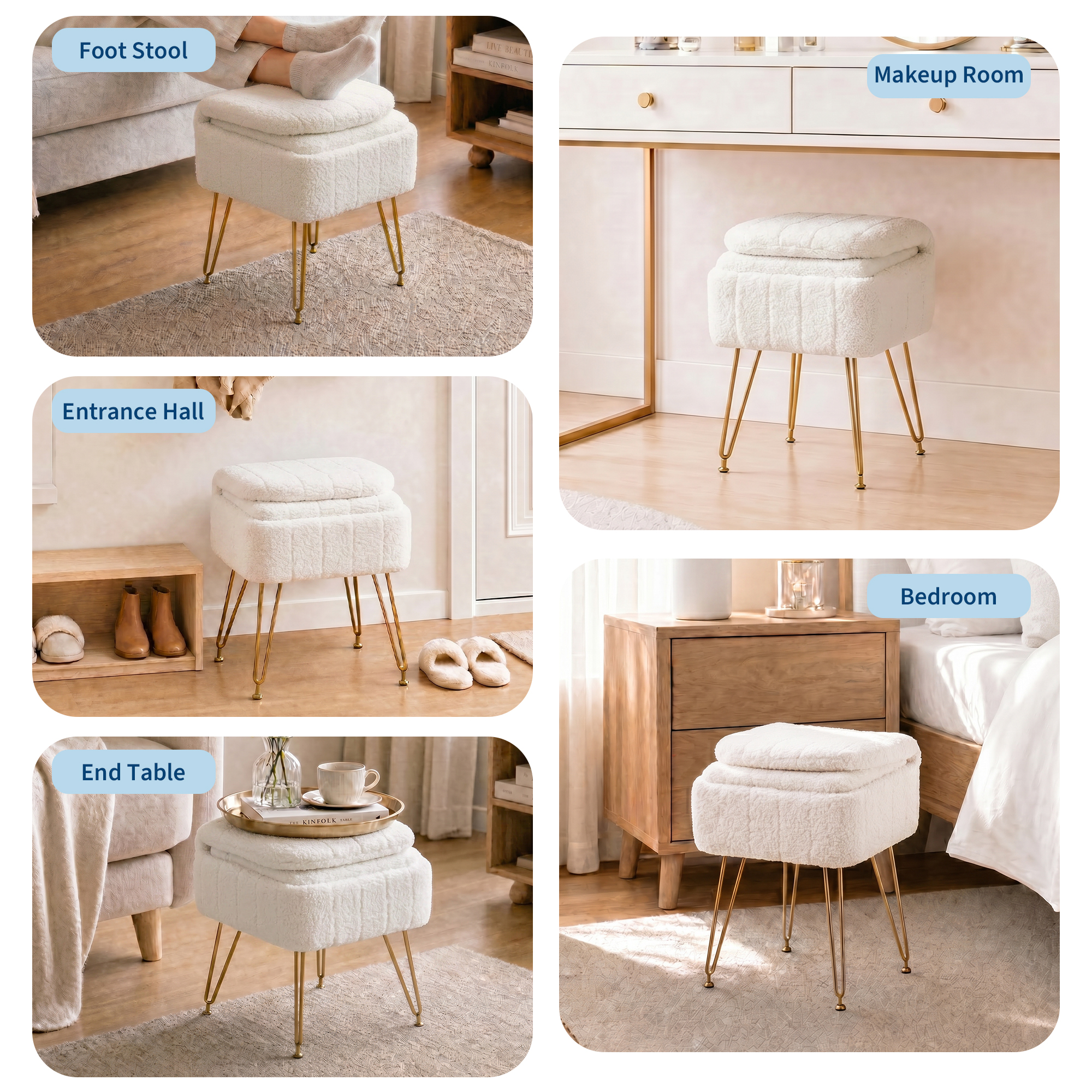 Garvee Sgabello da Trucco Bianco con Schienale Regolabile e Vano Portaoggetti, Rivestimento Bouclé Morbido e Gambe Dorate - dettaglio 4