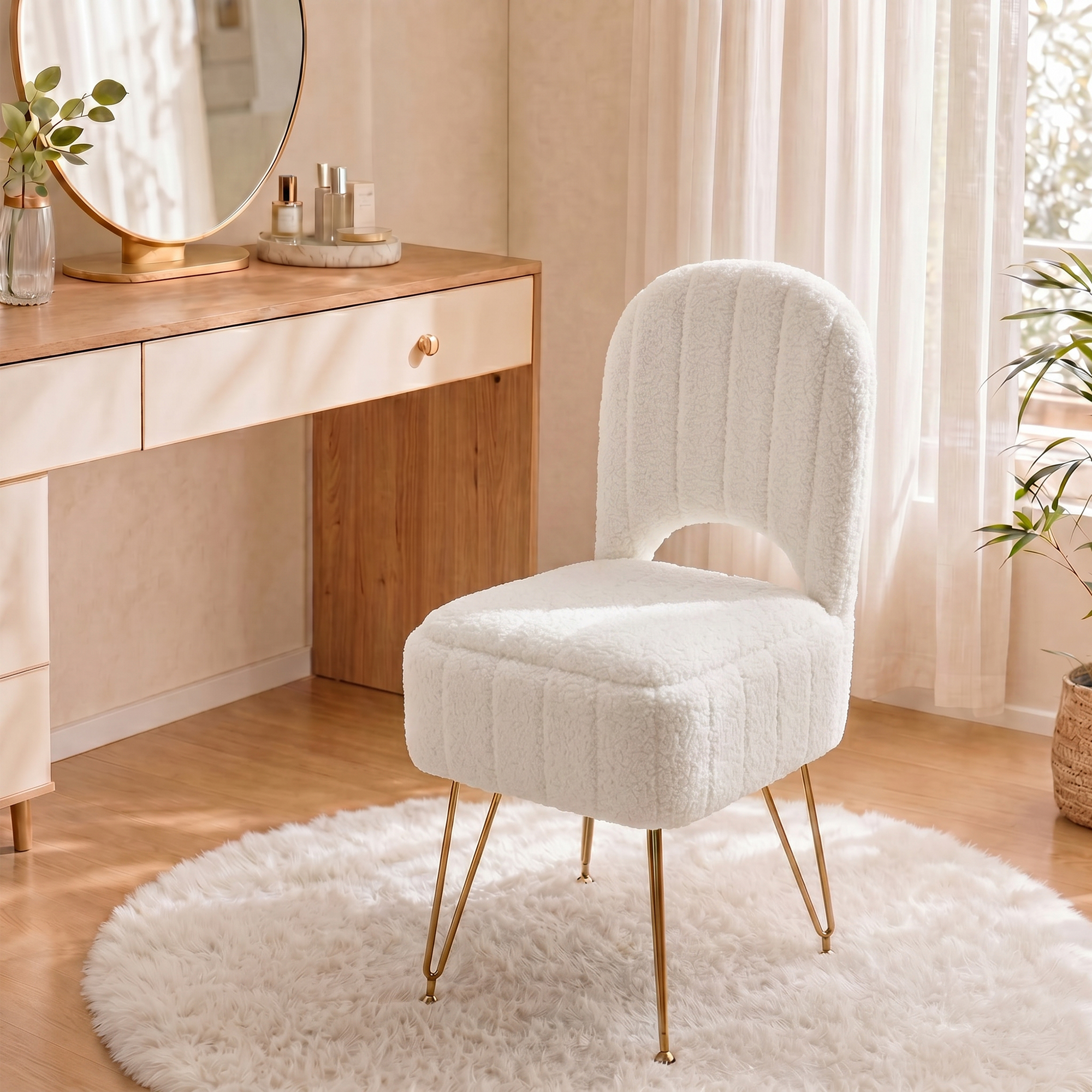 Garvee Sgabello da Trucco Bianco con Schienale Regolabile e Vano Portaoggetti, Rivestimento Bouclé Morbido e Gambe Dorate - dettaglio 3