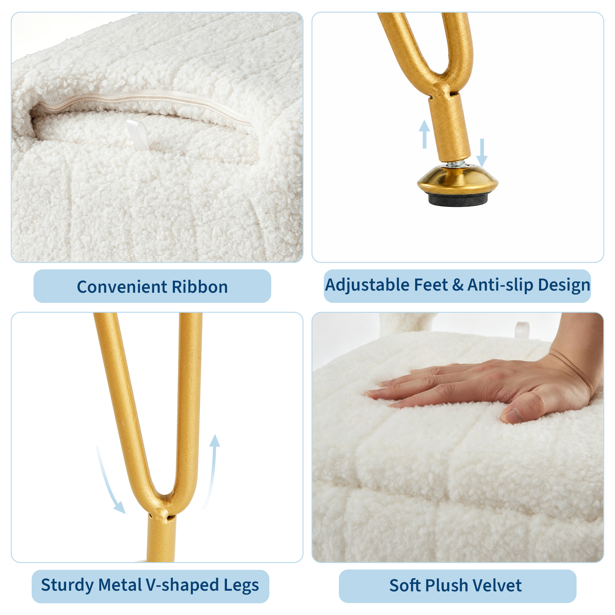 Garvee Sgabello da Trucco Bianco con Schienale Regolabile e Vano Portaoggetti, Rivestimento Bouclé Morbido e Gambe Dorate - dettaglio 6