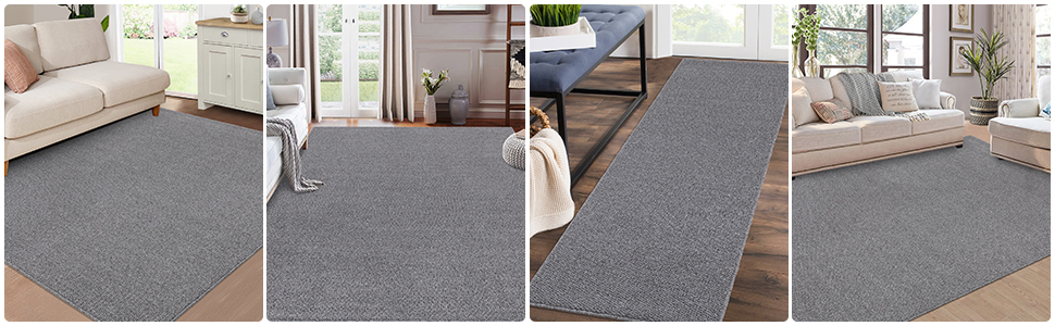 Gray runner rug feature icons for soft and easy care