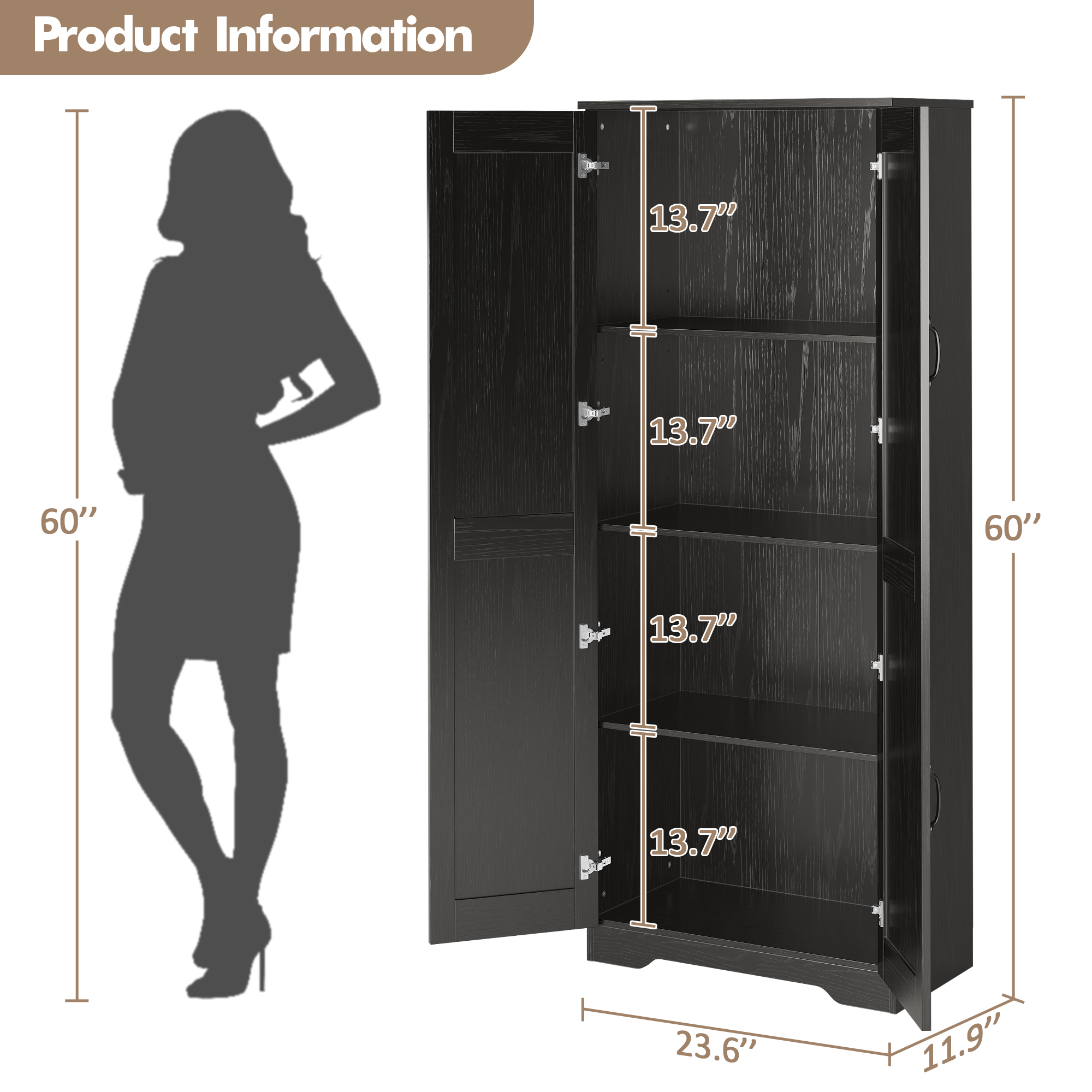 60" Kitchen Pantry Cabinet with 2 Doors & Shelves, Wooden Storage Cupboard - Picture 12 of 12
