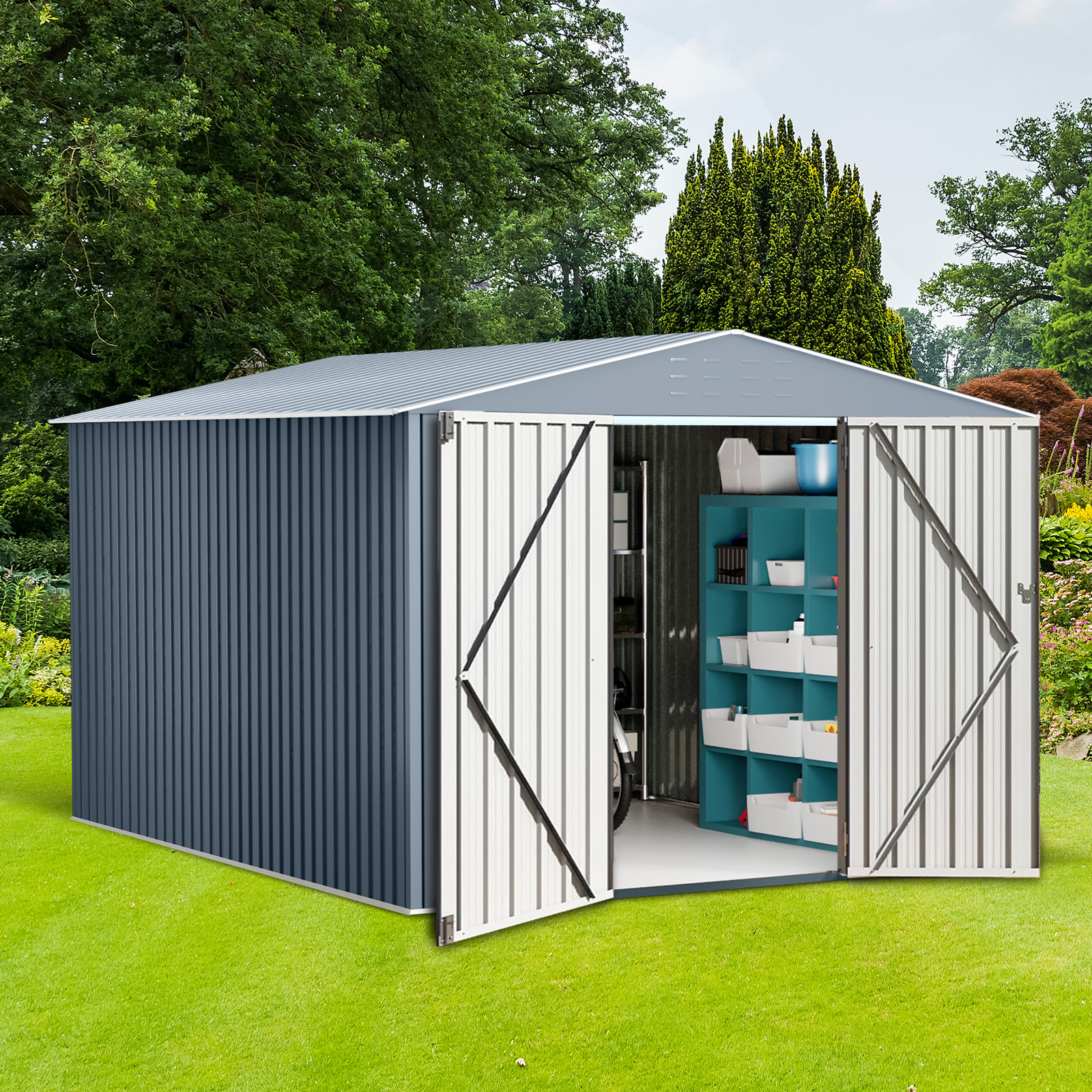 Dual punched air vents on outdoor metal storage shed