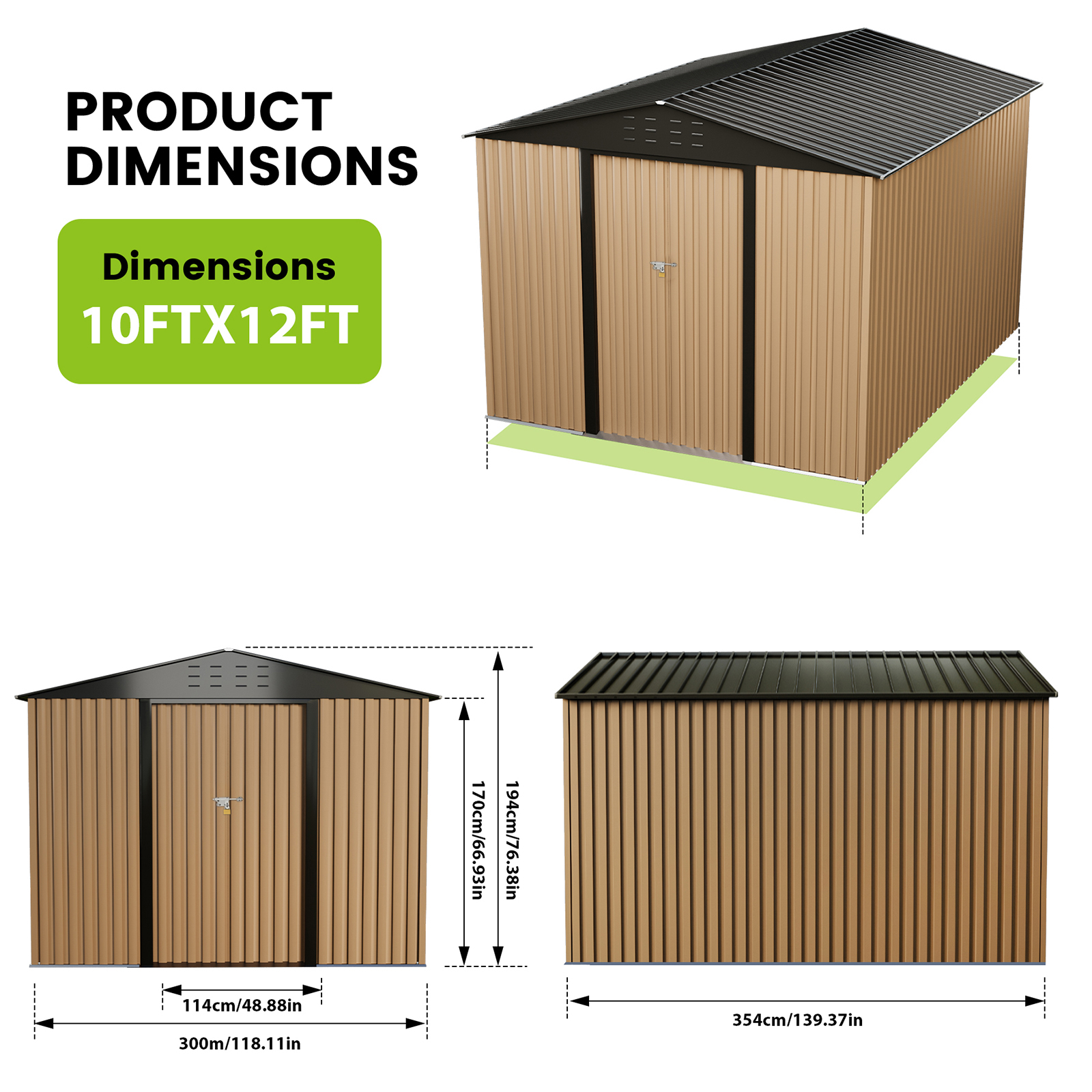 Sloped metal roof on gray outdoor storage shed